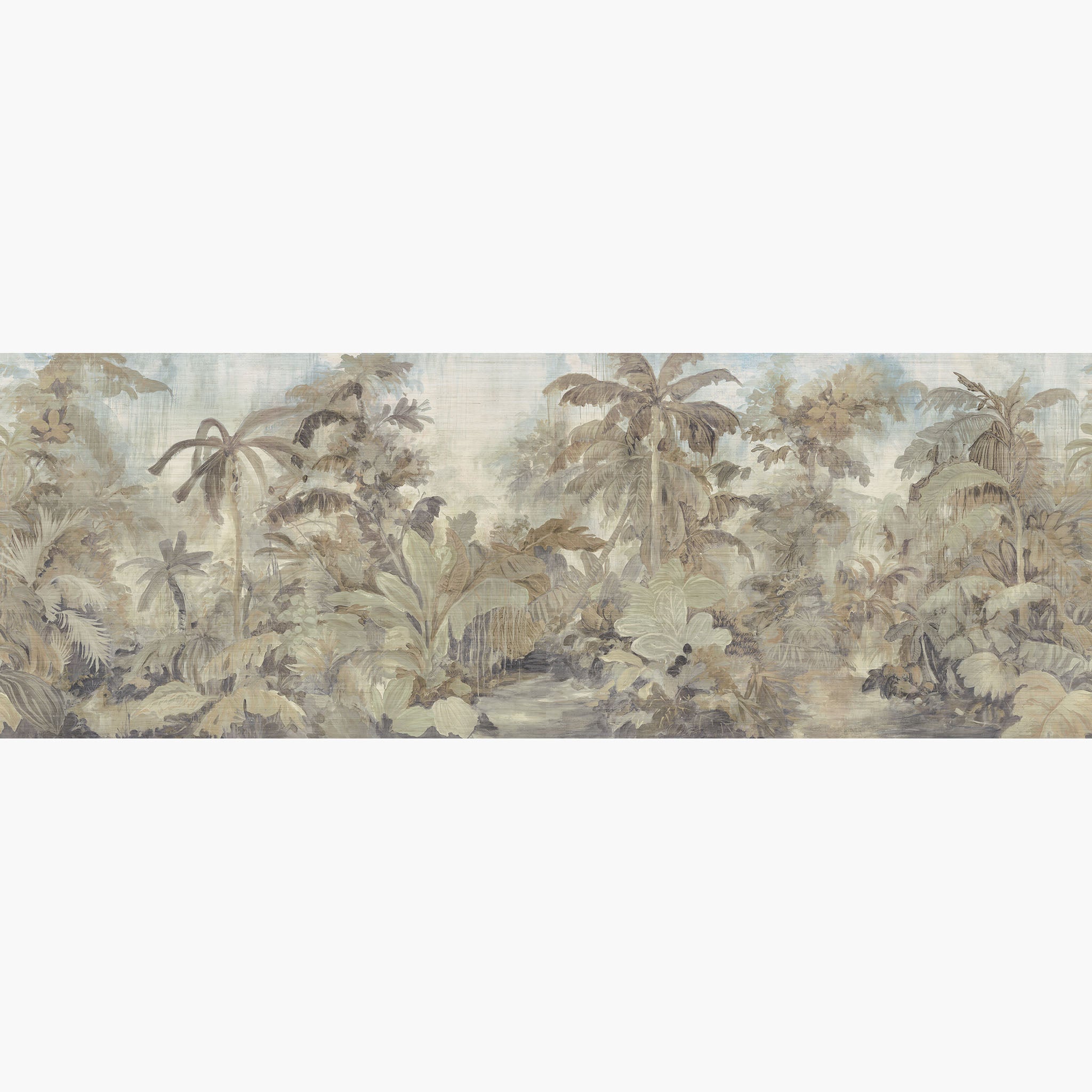 Artwork of a panoramic wallpaper mural featuring an ethereal jungle scene in soft sepia, stone, and misty blue.