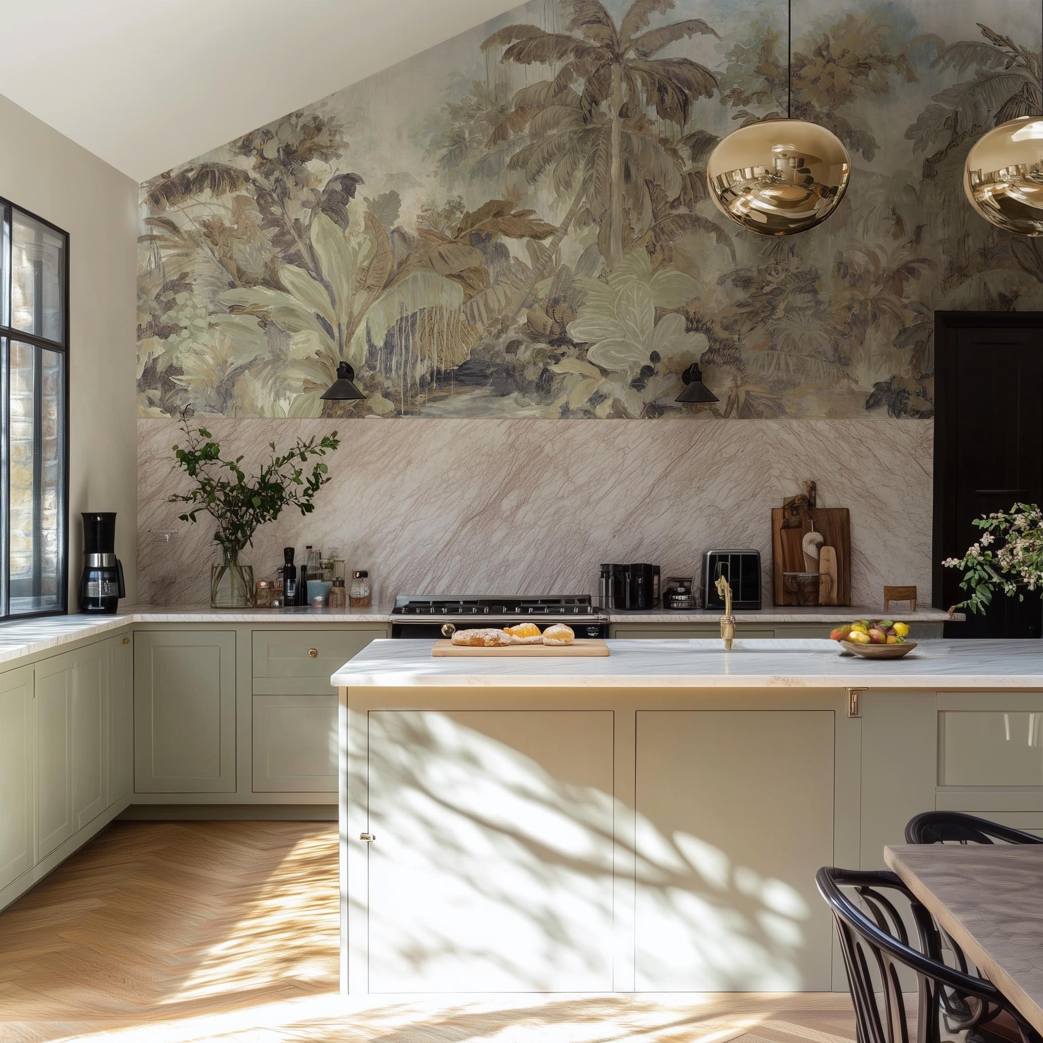 A cropped view of kitchen featuring a panoramic vinyl wallpaper mural of a jungle scene in sepia and blue.