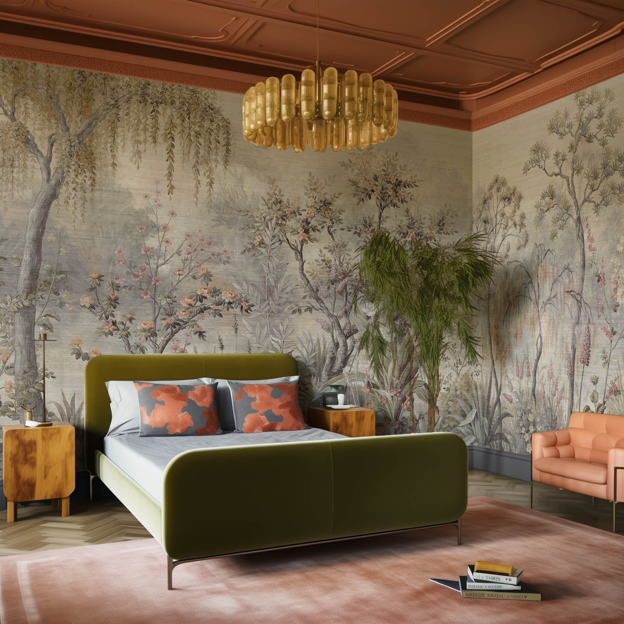 An interior bedroom featuring a panoramic grasscloth wallpaper mural of a lakeside scene in grey and peach.