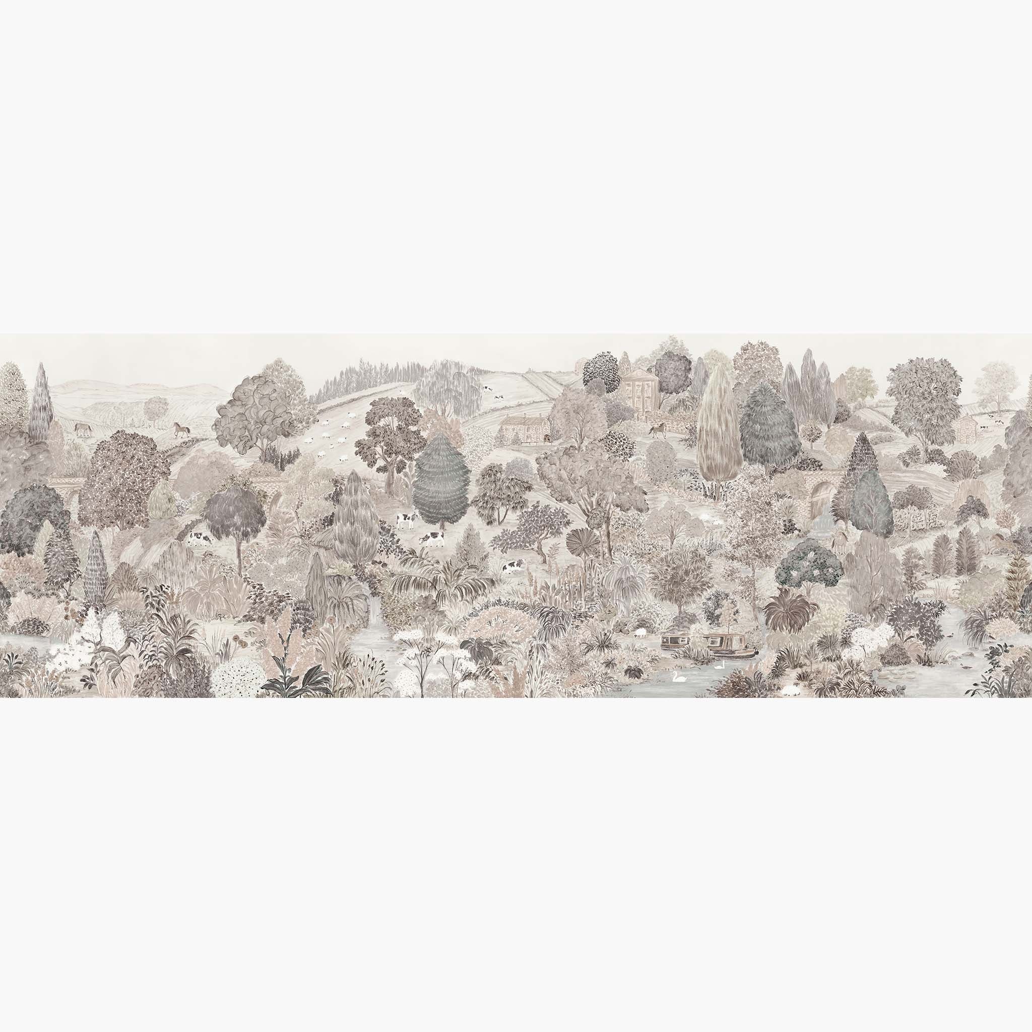 Artwork of a panoramic wallpaper mural featuring a gentle countryside landscape in almond, dusty rose, and mist