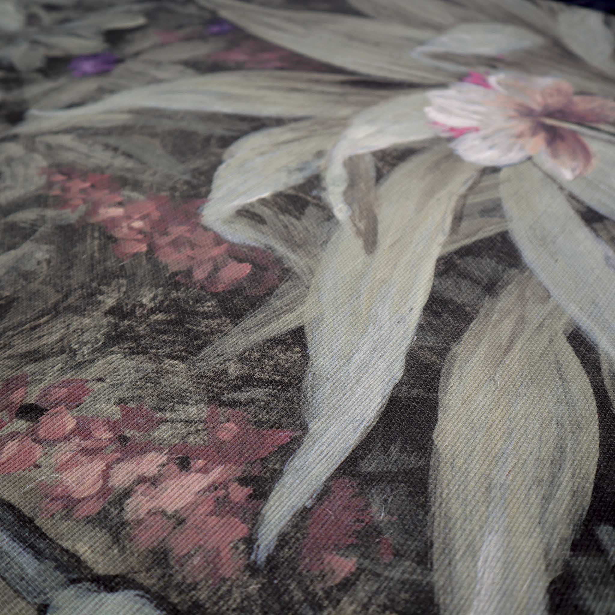 Close-up of a hand-painted floral mural on textured grasscloth, featuring pastel greens, pinks, and subtle purples.