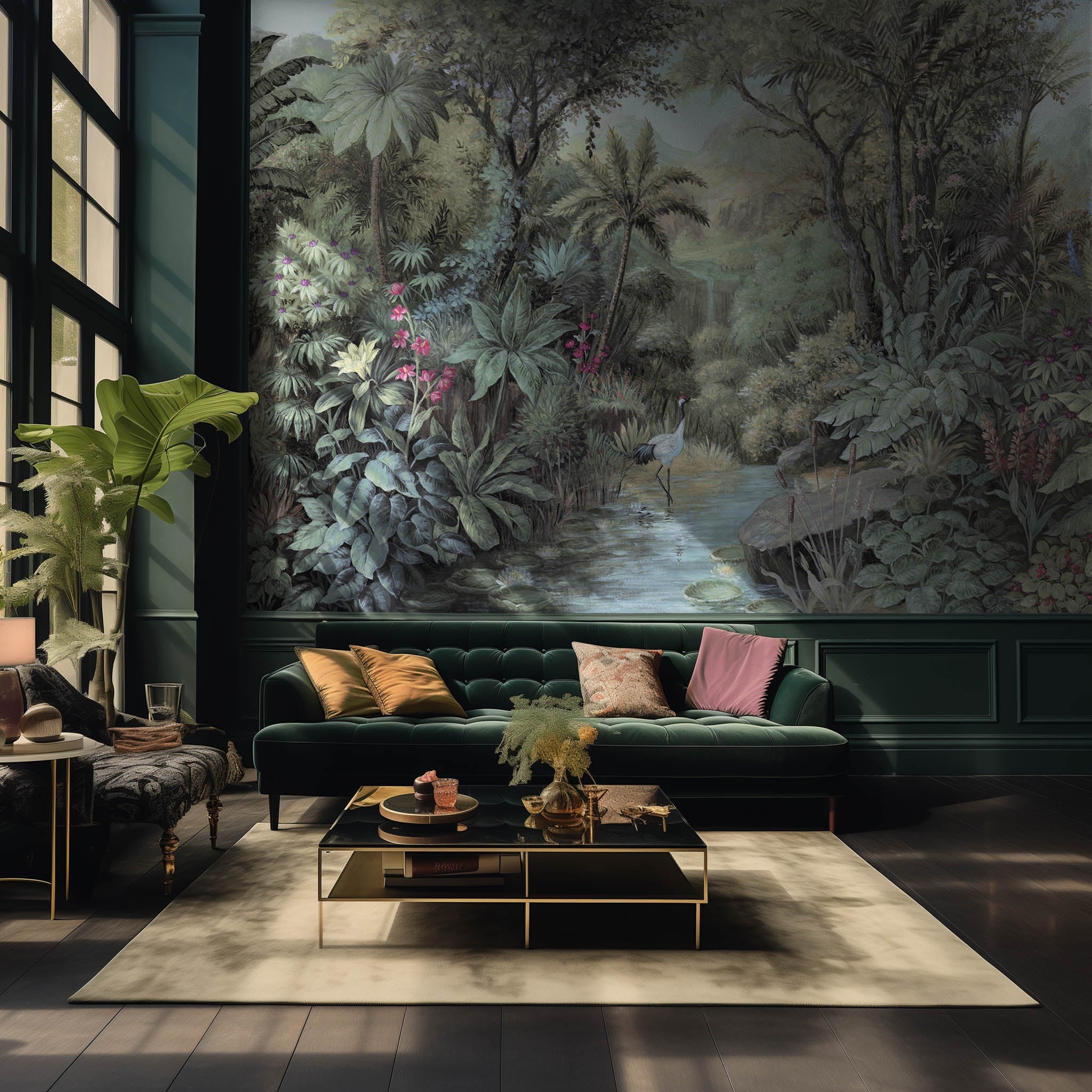 An interior living room featuring a panoramic matte wallpaper mural of a tropical paradise in cool greens and blushes.