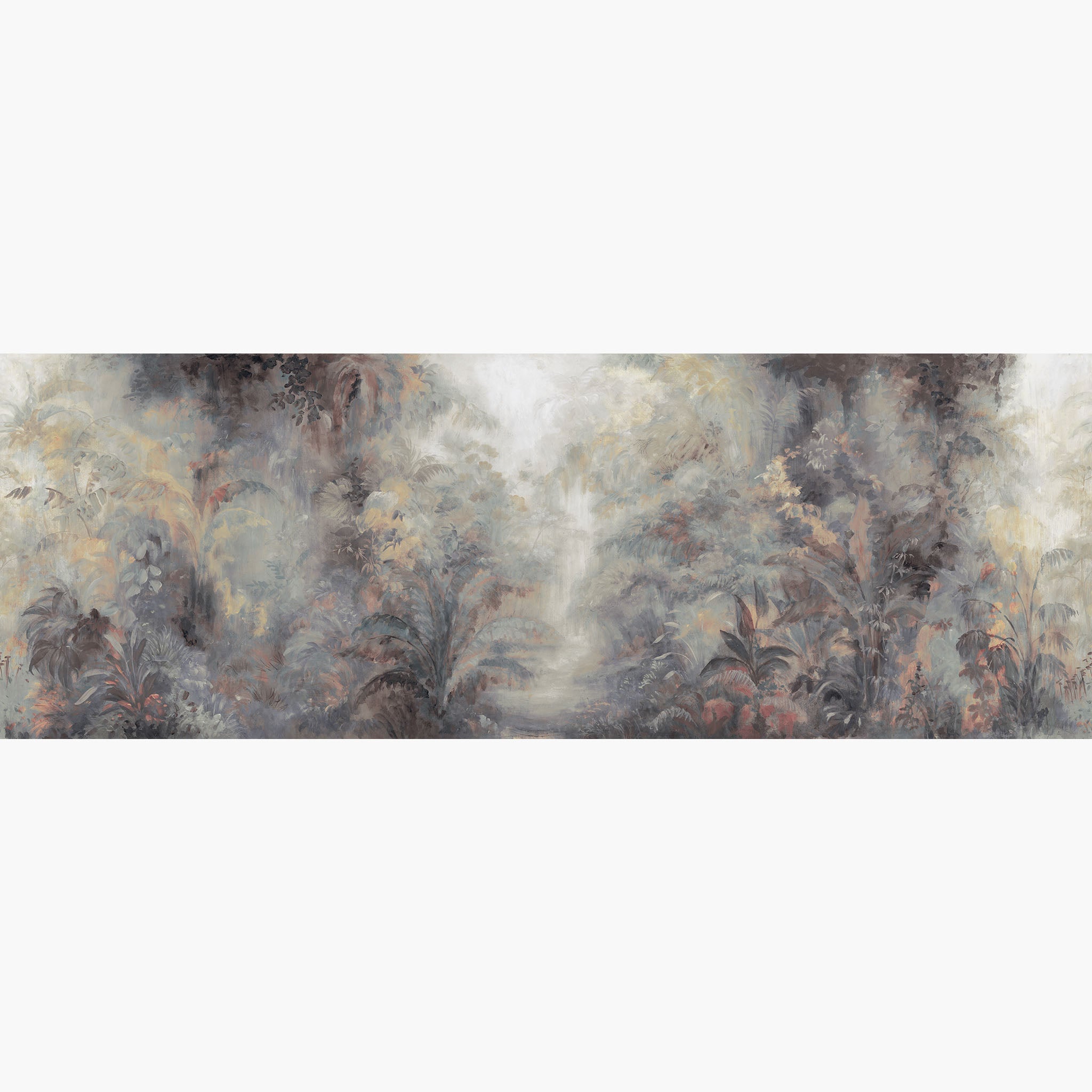Artwork of a panoramic wallpaper mural featuring a dreamlike rainforest with soft lavender, rust, and smoky neutrals.