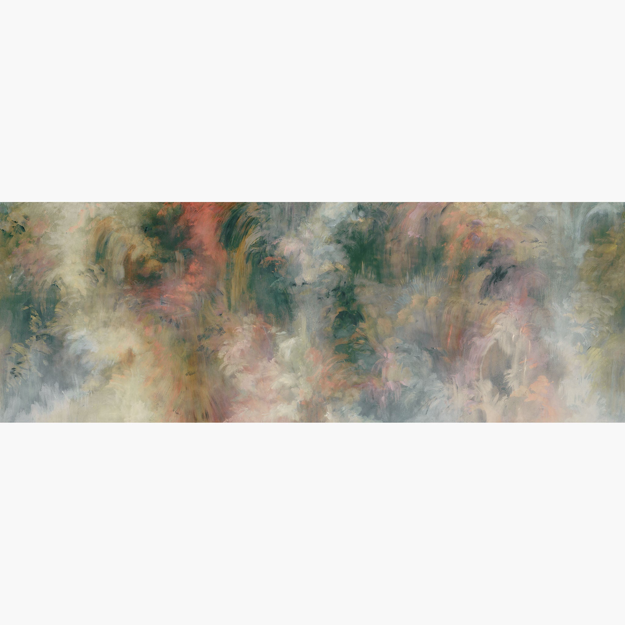 Artwork of a panoramic wallpaper mural featuring a painterly forest haze in moss green, coral blush, and soft ivory.