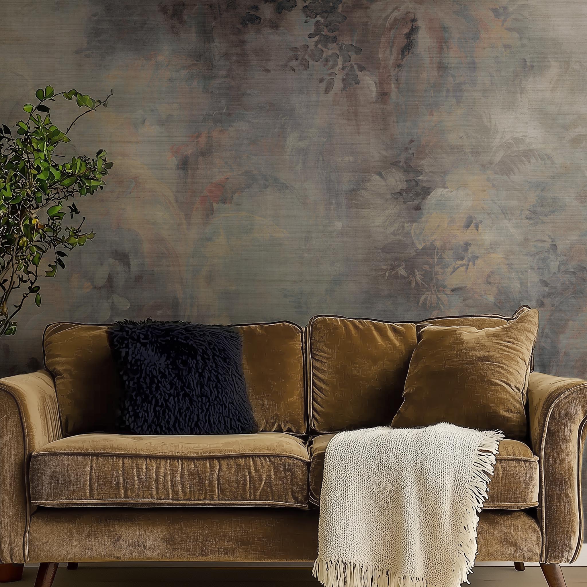 A cropped view of living room featuring a panoramic grasscloth wallpaper mural of a rainforest in lavender and rust.