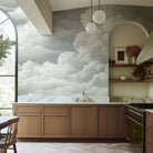 An interiorkitchen featuring a panoramic matte wallpaper mural of pale sculpted clouds
