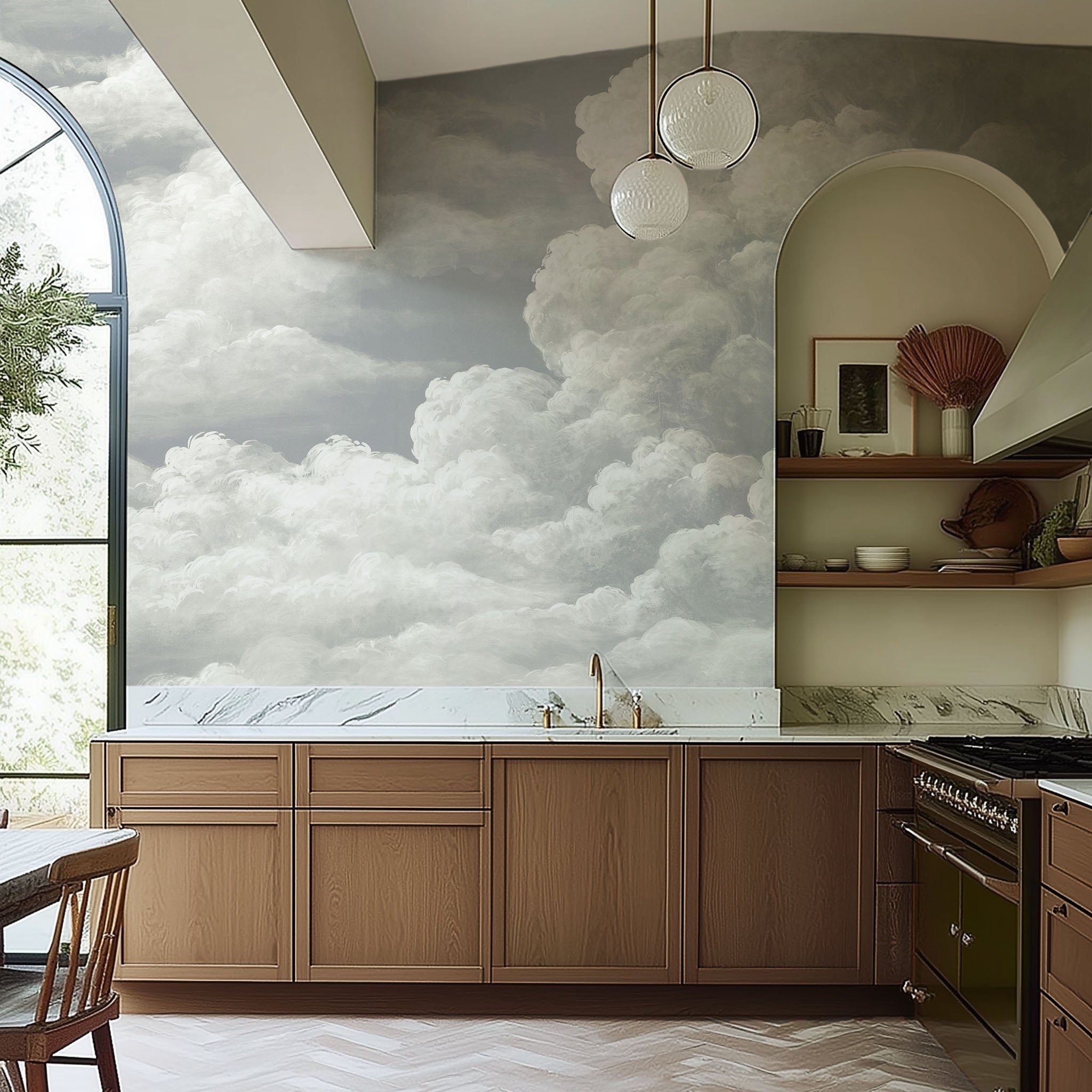An interiorkitchen featuring a panoramic matte wallpaper mural of pale sculpted clouds