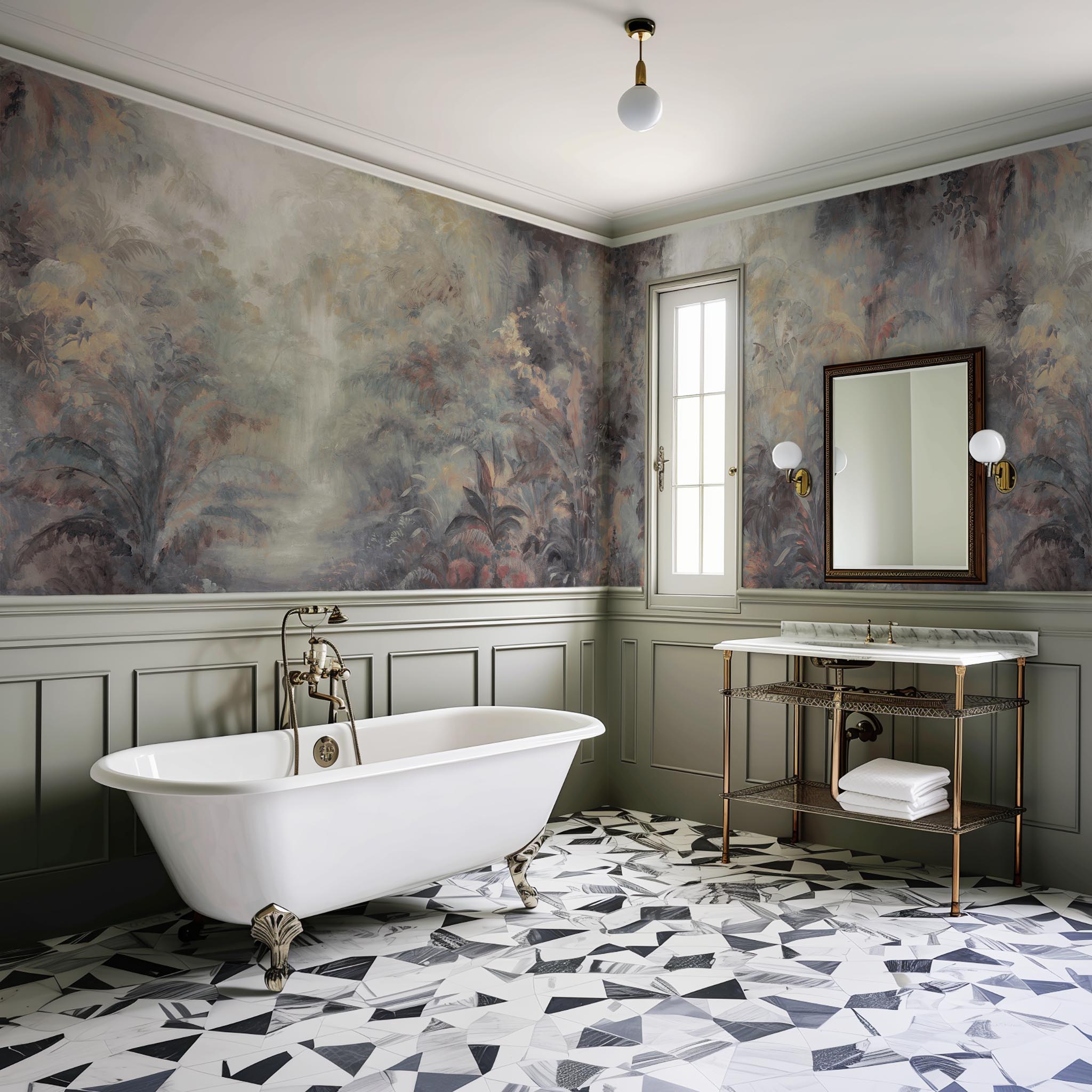 An interior bathroom featuring a panoramic vinyl wallpaper mural of a rainforest in lavender and rust.
