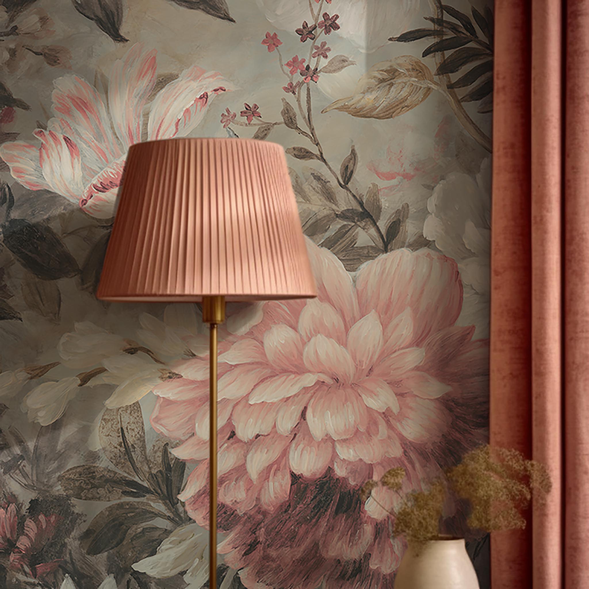 A cropped view of living room featuring a panoramic matte wallpaper mural of a floral composition in soft neutrals.