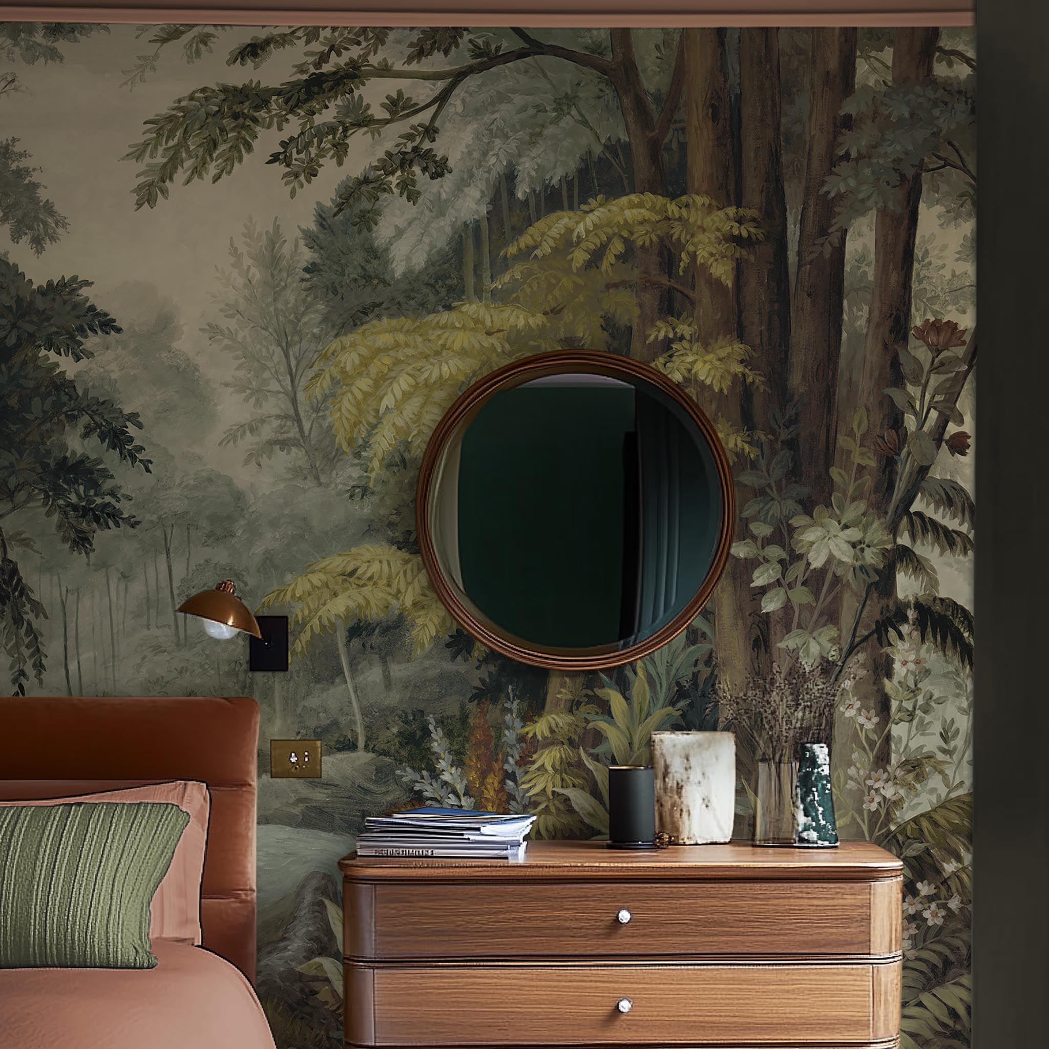 A cropped view of bedroom featuring a panoramic matte wallpaper mural of a misty woodland in sage and ochre.