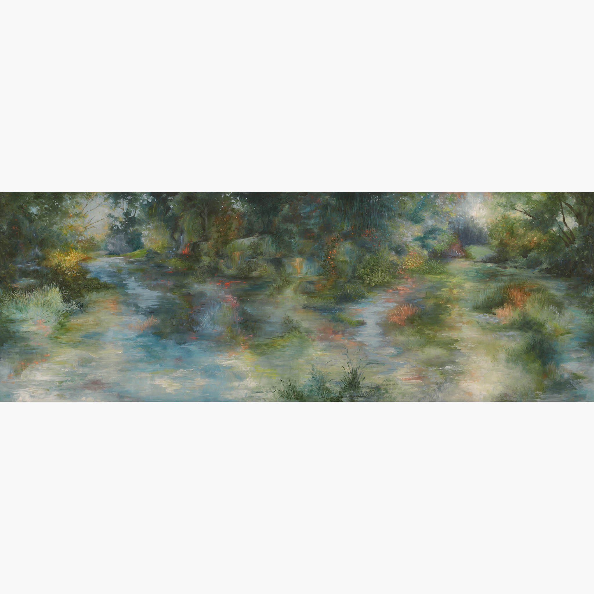 Artwork of a panoramic wallpaper mural featuring moody panoramic mural in nettle green, teal and ochre with foliage.