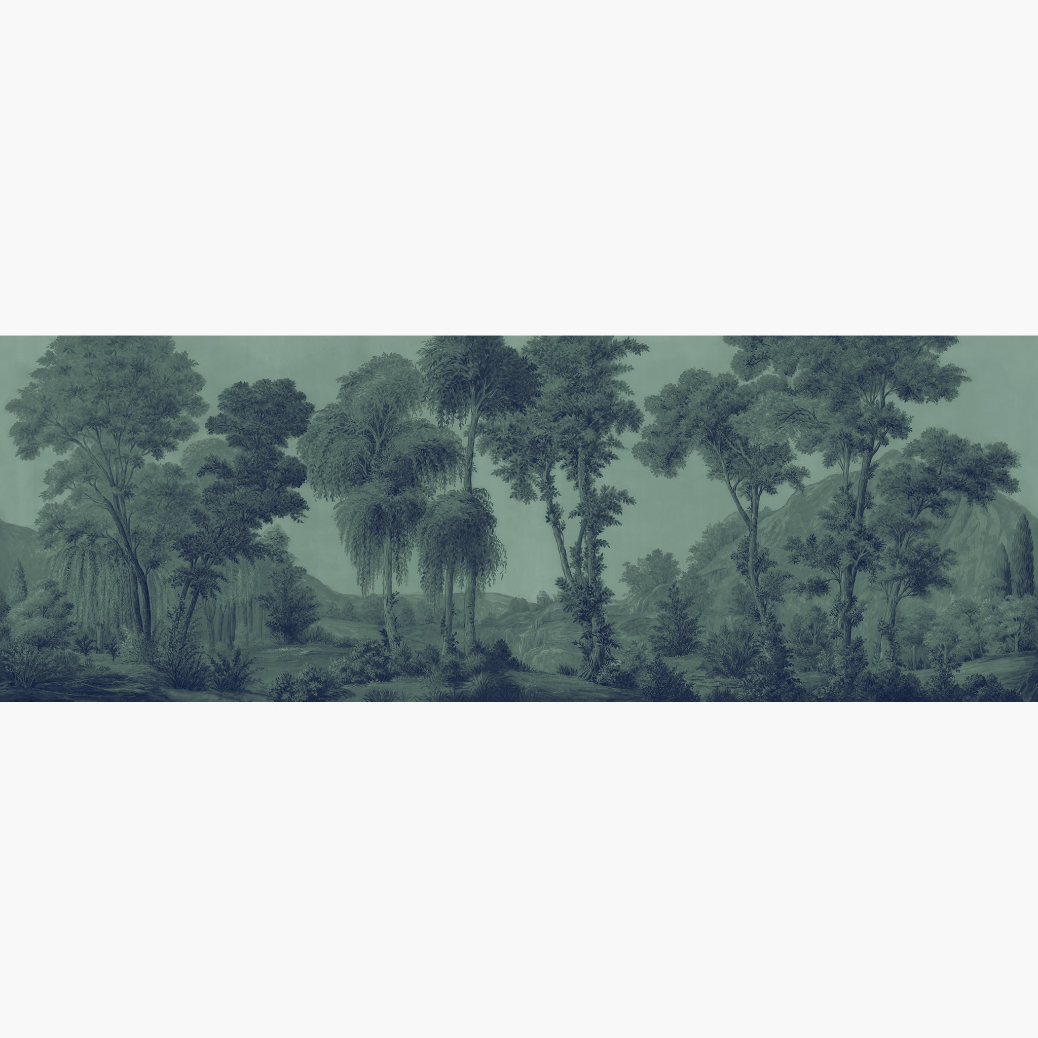 Artwork of a panoramic wallpaper mural featuring a majestic woodland rendered in rich forest green tones