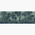 Artwork of a panoramic wallpaper mural featuring a majestic woodland rendered in rich forest green tones