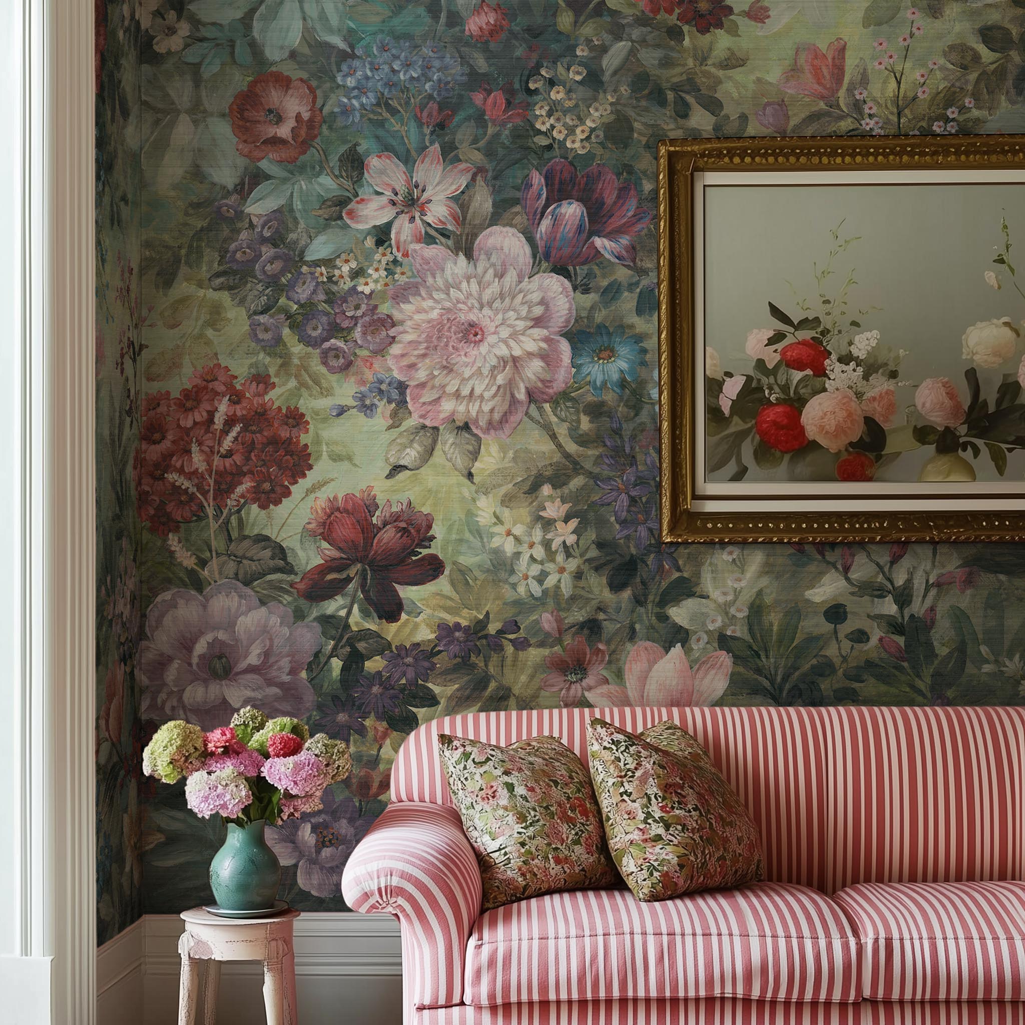 A cropped view of living room featuring a panoramic grasscloth wallpaper mural of a floral tapestry in rich jewel tones.
