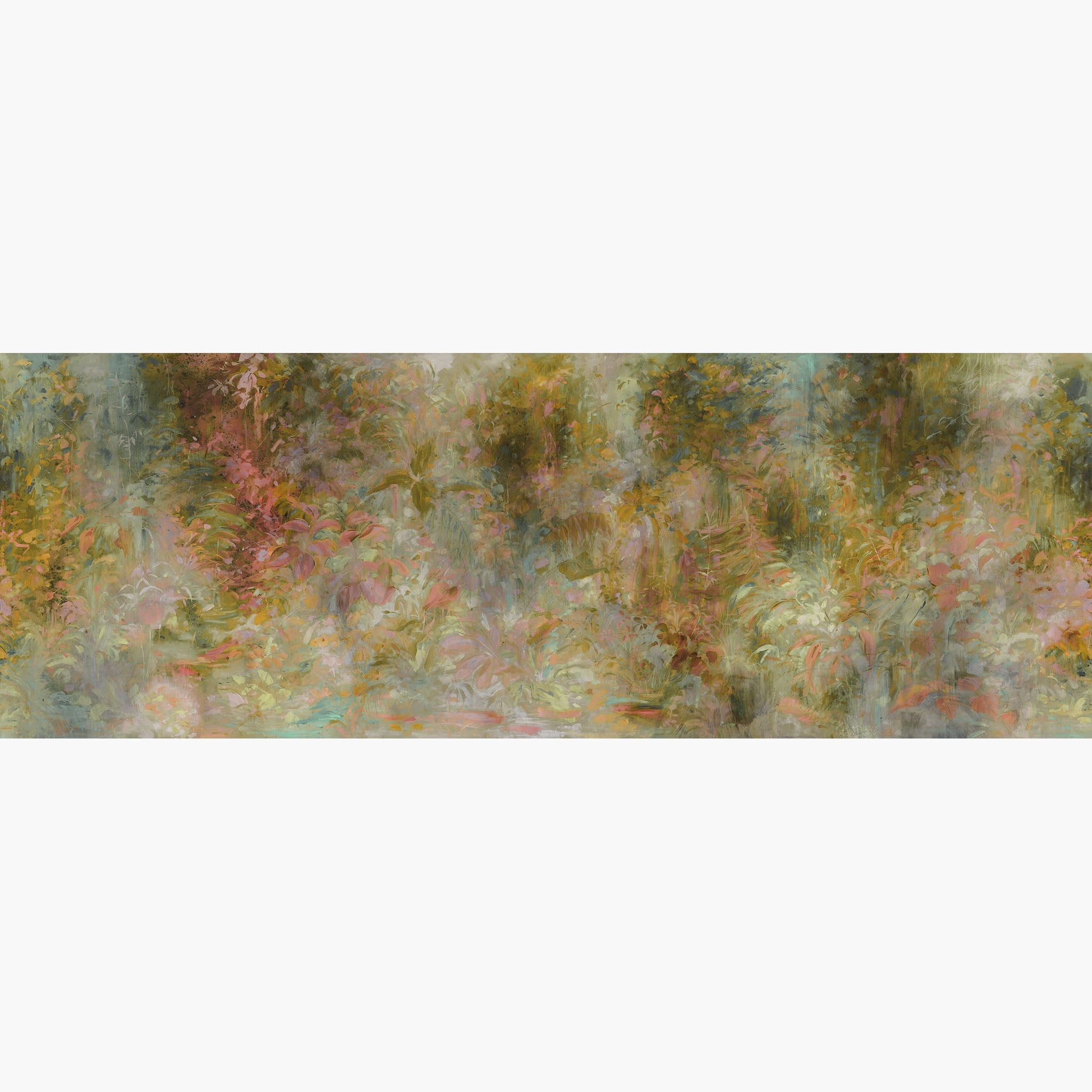 Artwork of a panoramic wallpaper mural featuring an abstract botanical layered in warm ochre, blush pink, and soft teal.