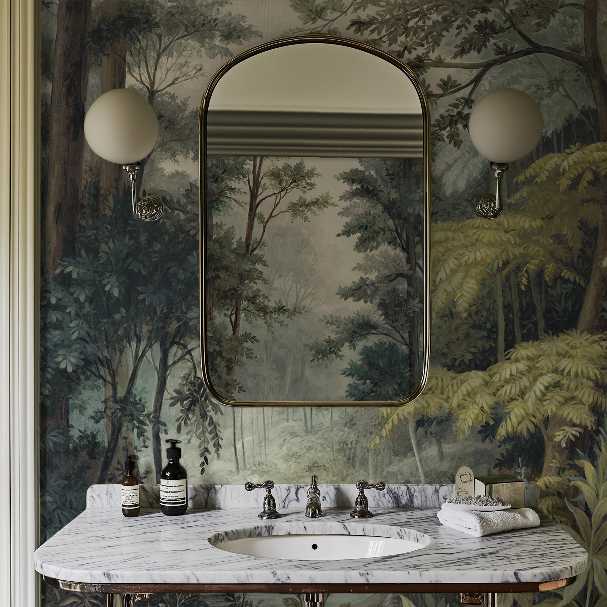 A cropped view of kitchen featuring a panoramic vinyl wallpaper mural of a misty woodland in sage and ochre.