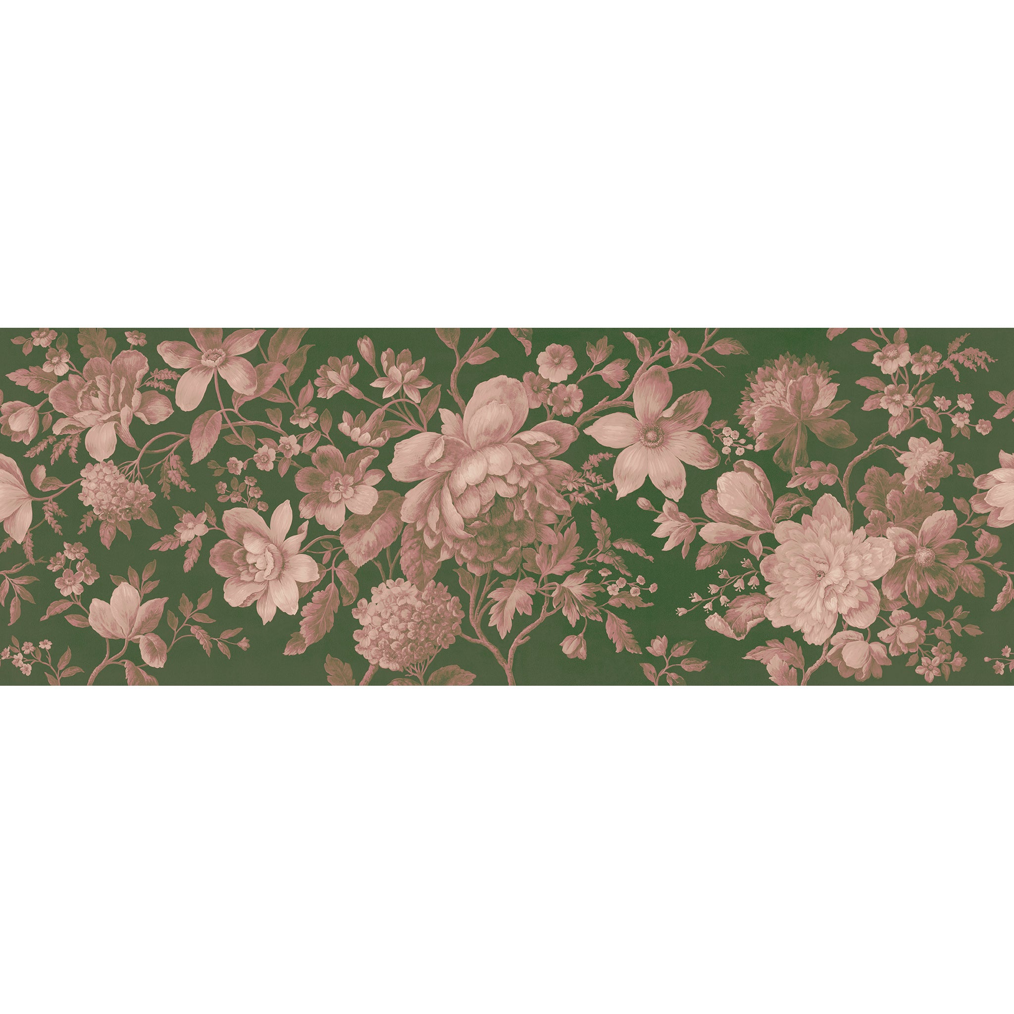 Artwork of a panoramic wallpaper mural featuring joyful blush florals on rich green with vintage romance
