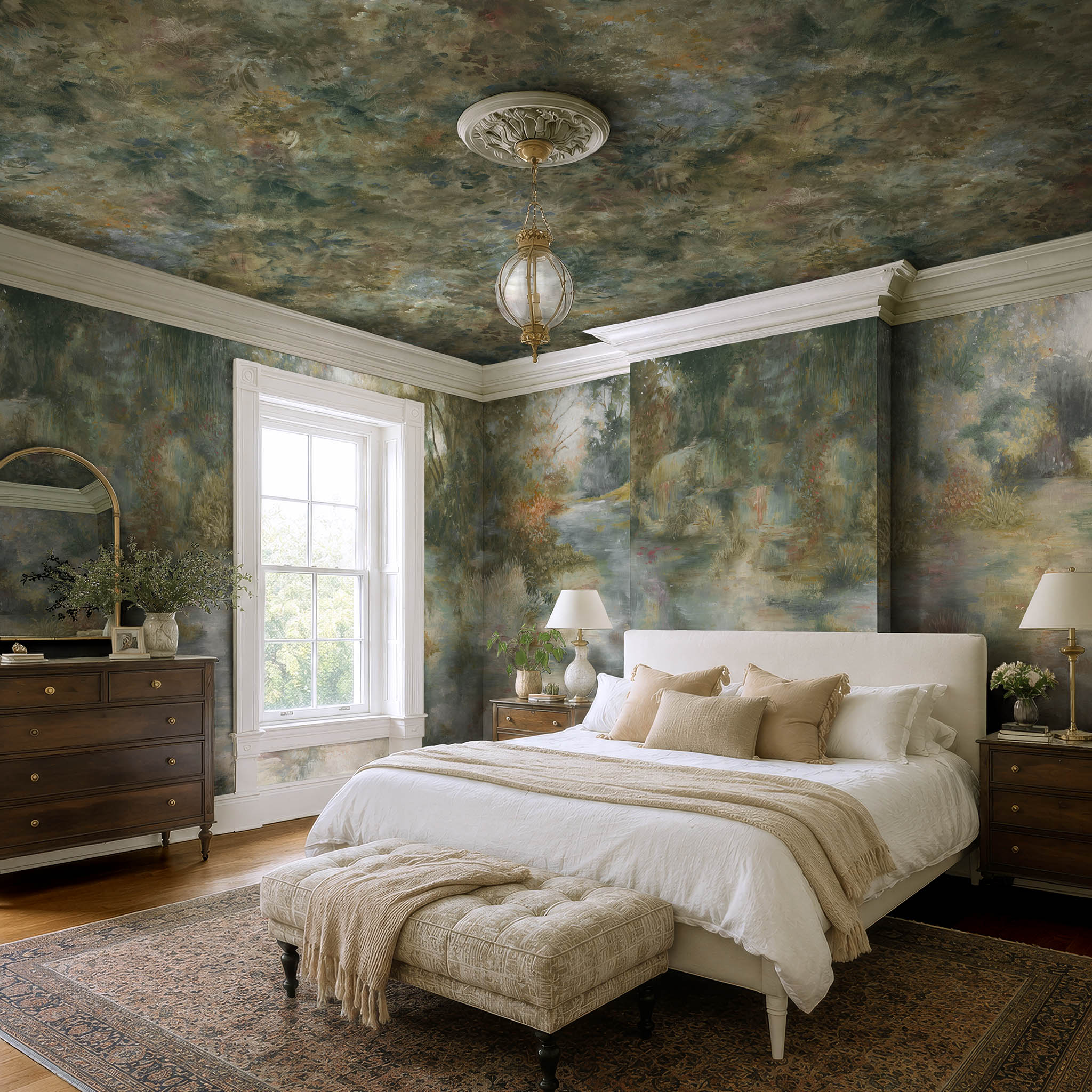An interior bedroom featuring a panoramic pearlescent wallpaper mural of softly shaded panoramic green mural.