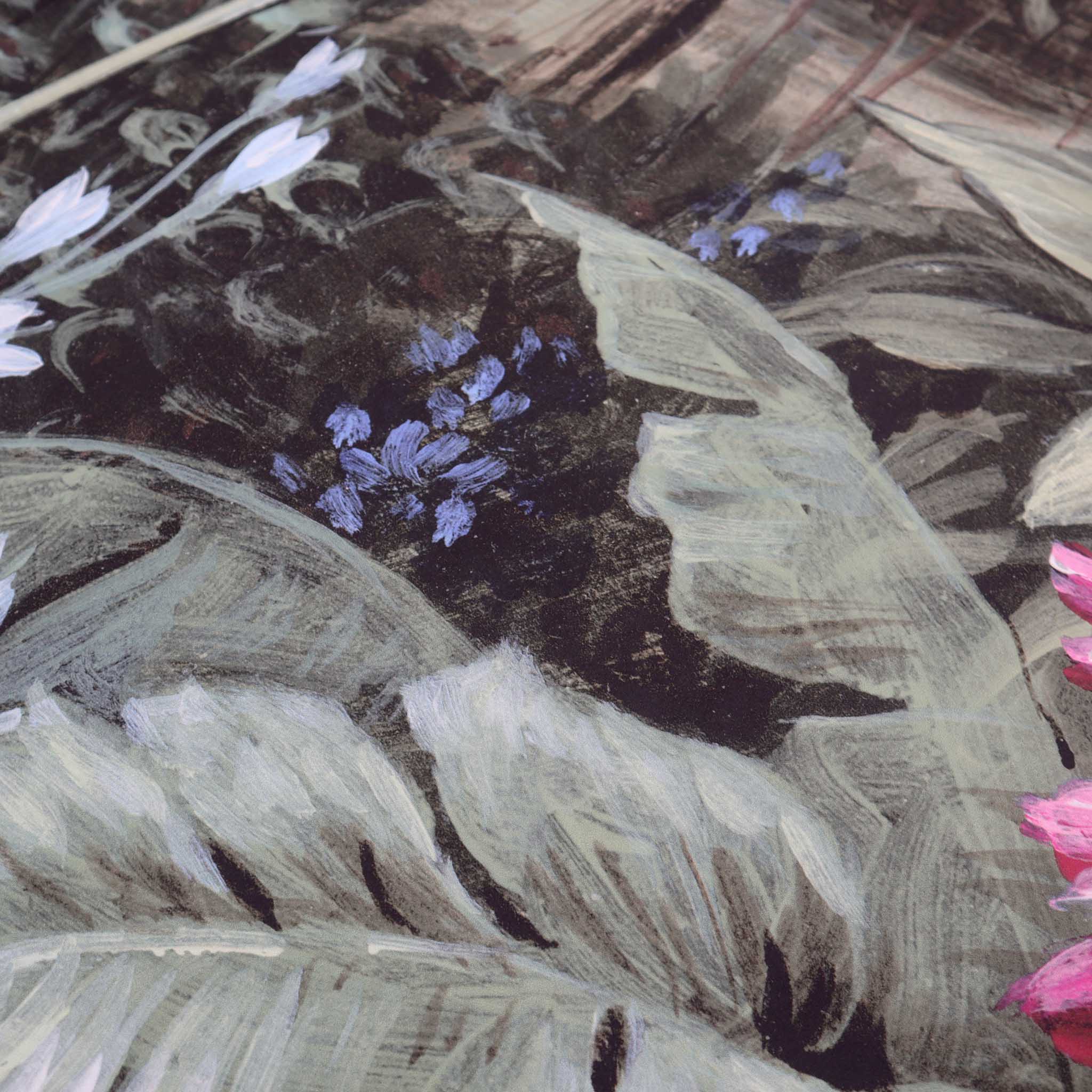 Close-up of a hand-painted floral mural featuring soft pastels and detailed leaves on a matte uncoated substrate.