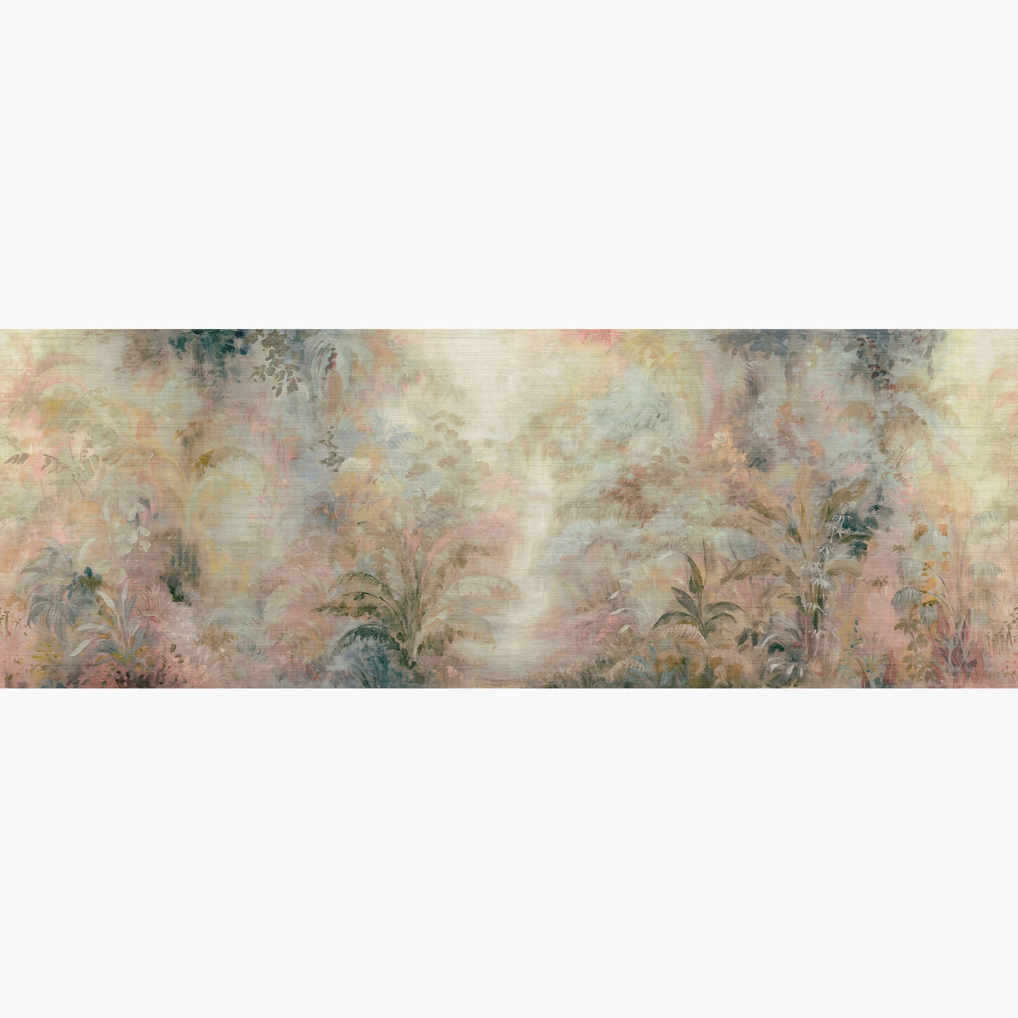 Artwork of a panoramic wallpaper mural featuring a whimsical rainforest with soft blush, butter yellow, and sky blue.