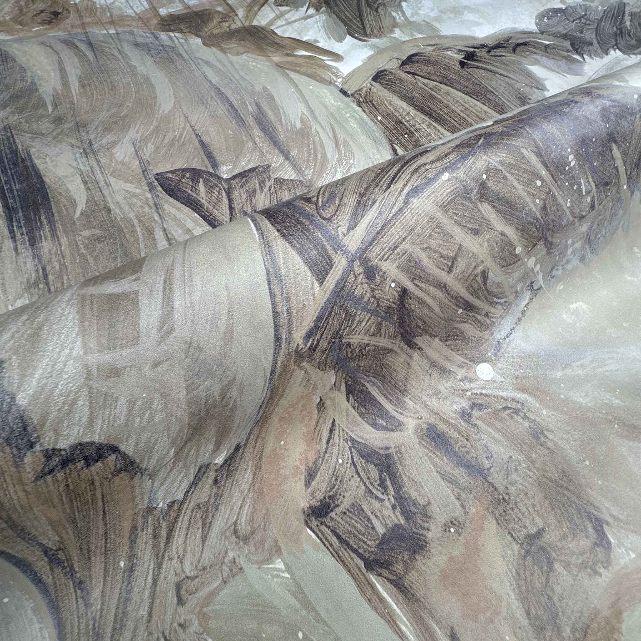 Close-up of hand-painted mural featuring a tranquil tropical landscape in sandy hues, greens, and taupes on vinyl.