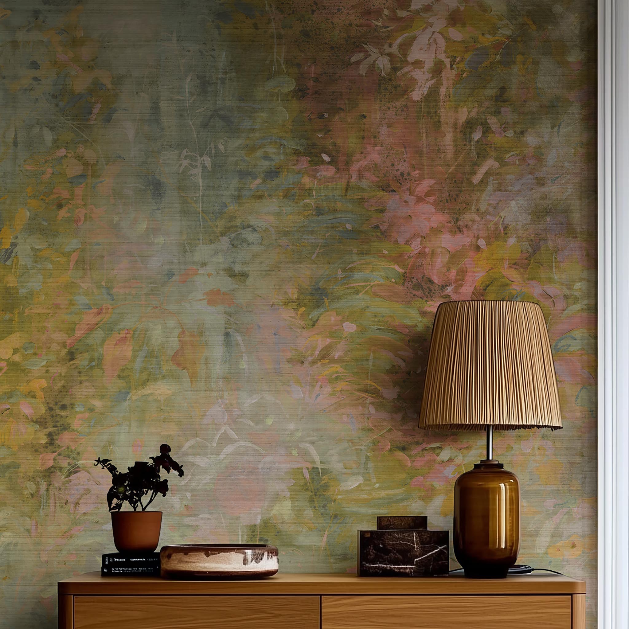 A cropped view of hallway featuring a panoramic grasscloth wallpaper mural of a abstract layering of ochre and teal.