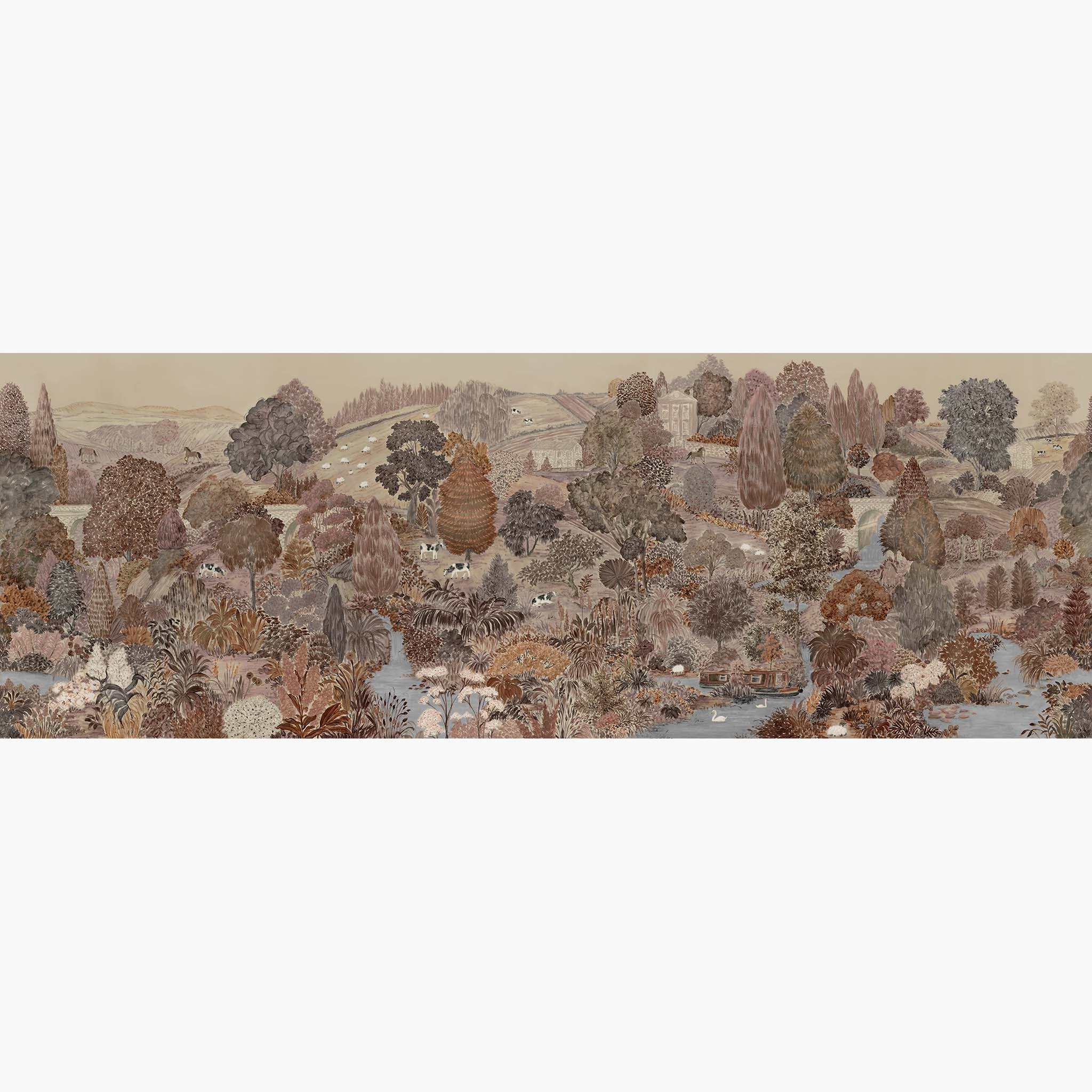Artwork of a panoramic wallpaper mural featuring a rolling Yorkshire scene in warm clays, soft plums, and rusted greens