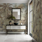 An interior bathroom featuring a panoramic vinyl wallpaper mural of a jungle scene in sepia and blue.