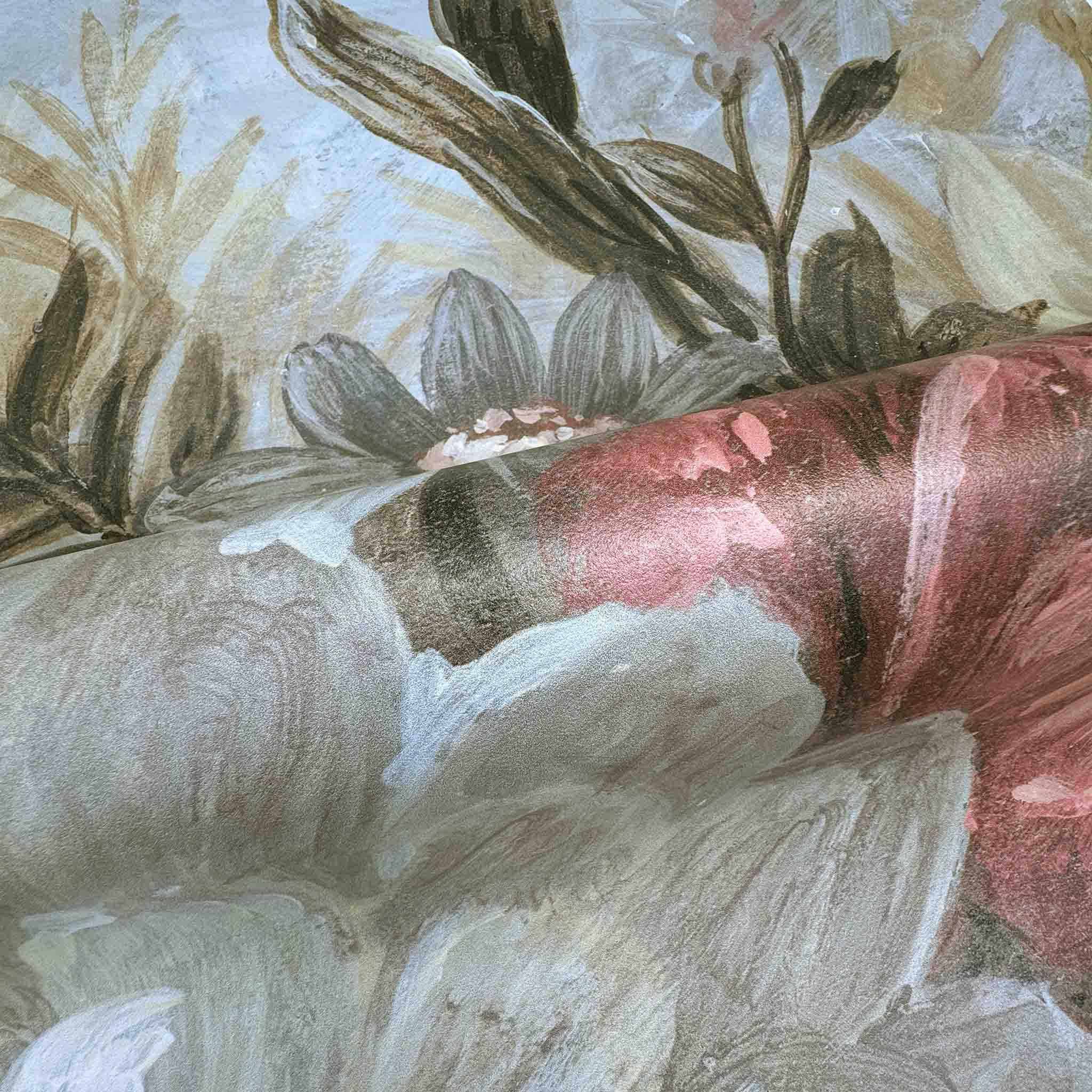 Close-up of a bespoke floral wallpaper mural, featuring soft blush pinks and creamy whites printed on durable vinyl.