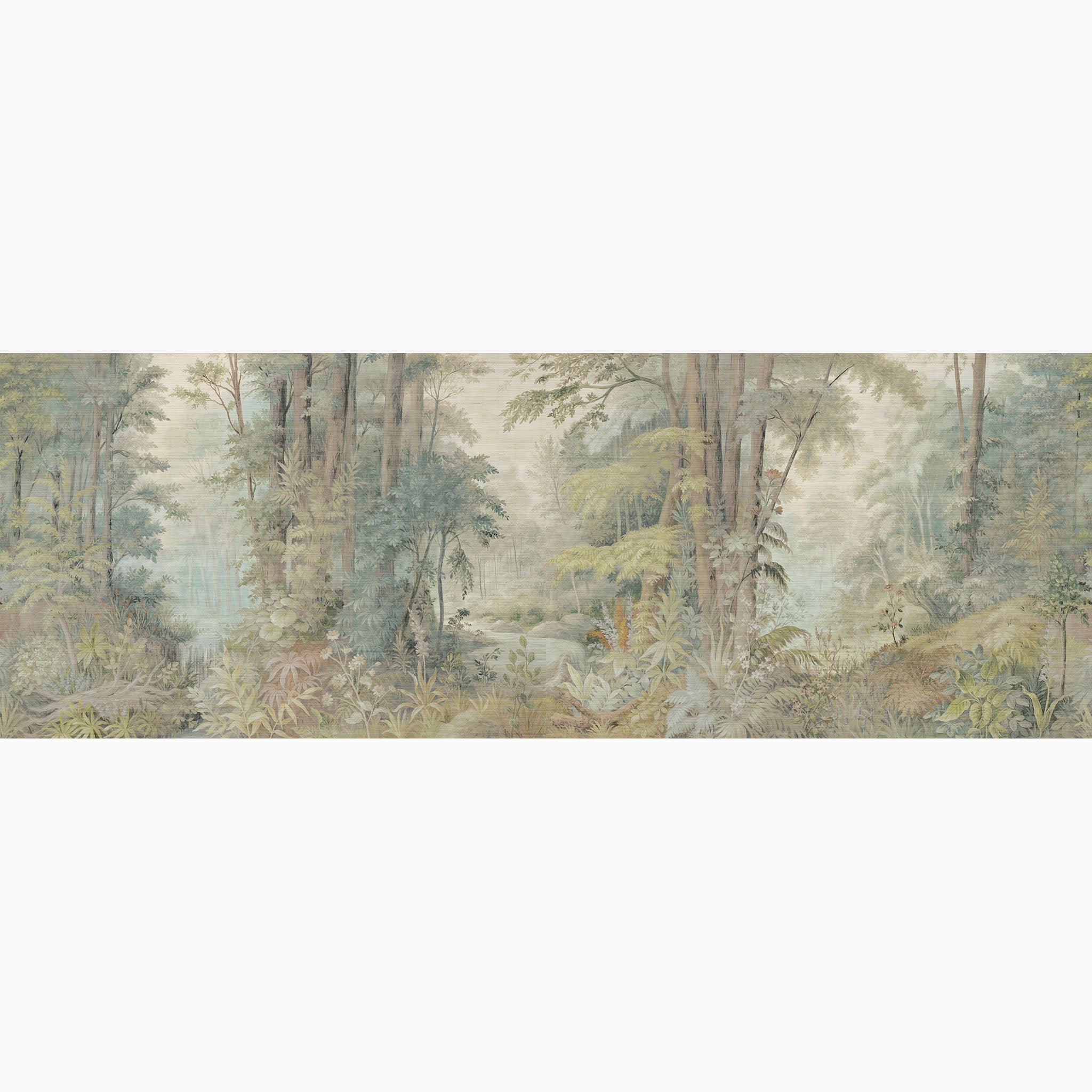 Artwork of a panoramic wallpaper mural featuring an airy forest landscape in pale sage, buttery yellow, and soft mist tones.