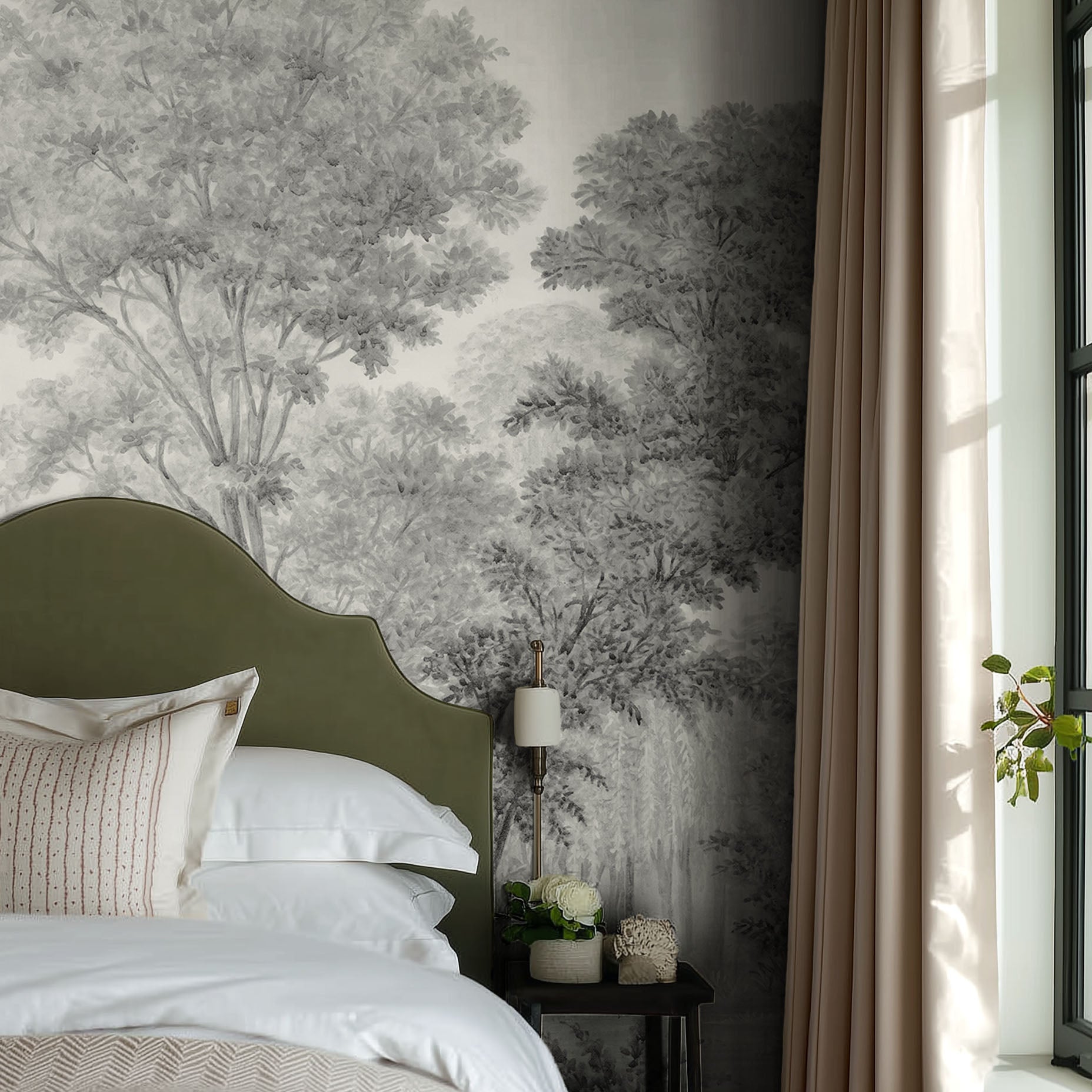 A cropped view of bedroom featuring a panoramic matte wallpaper mural of ash grey forest