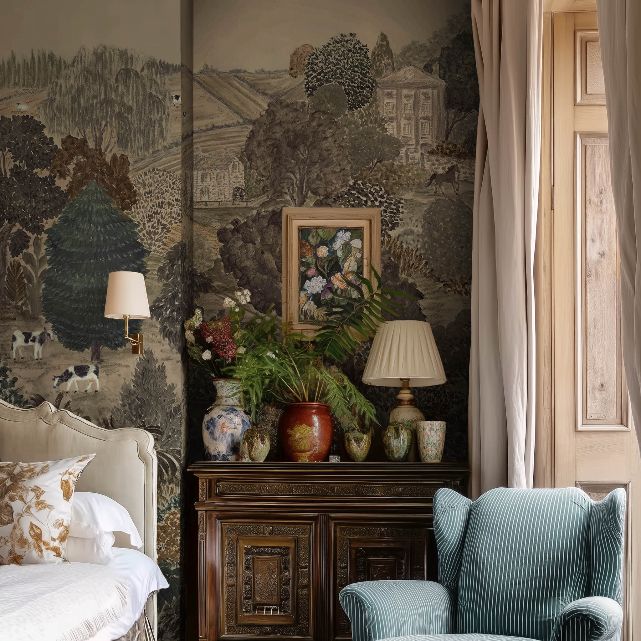 A cropped view of a bedroom featuring a panoramic matte wallpaper mural of deep olive, slate, and ash countryside scene