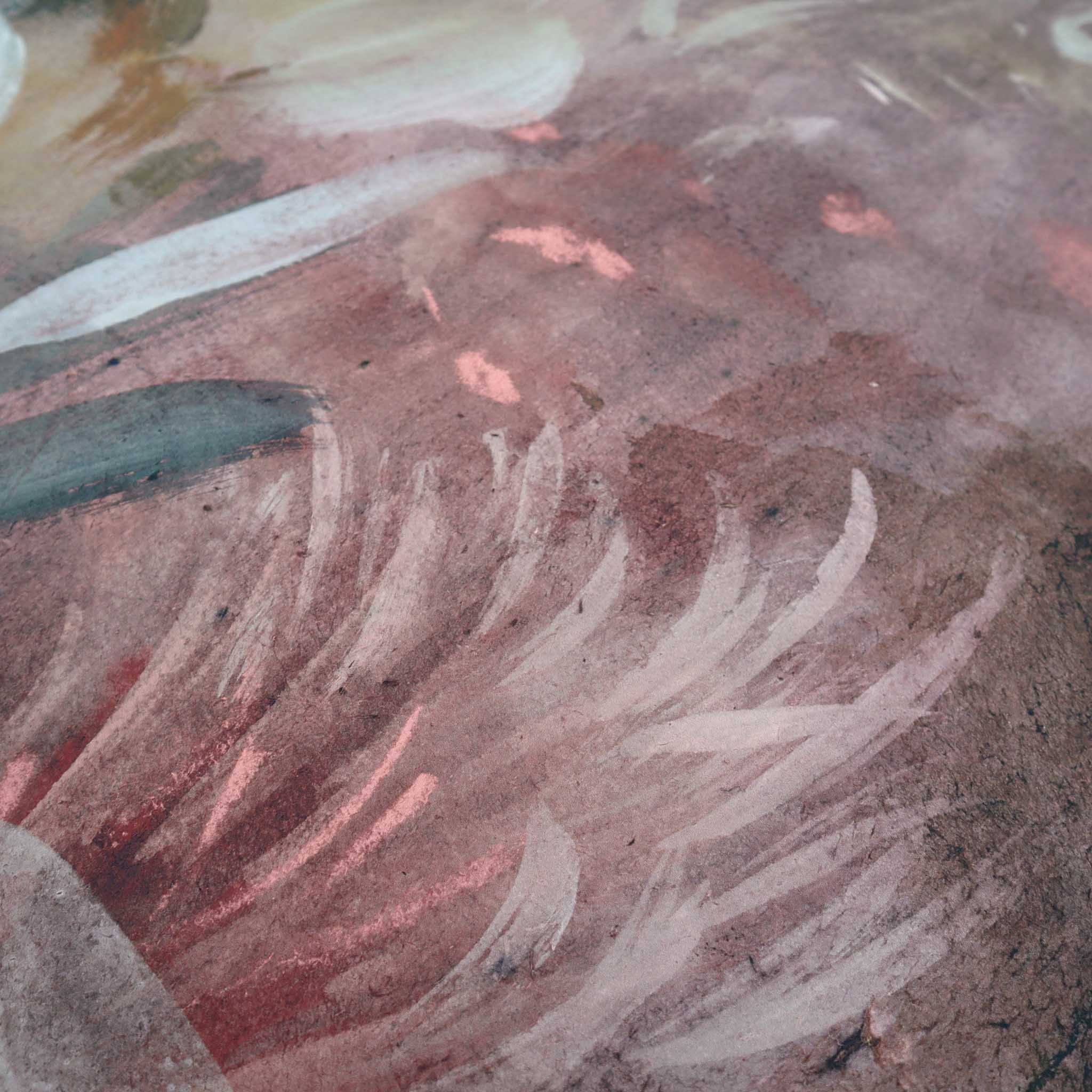 Close-up of a bespoke mural featuring soft pastels and earthy tones, evoking a serene tropical landscape.