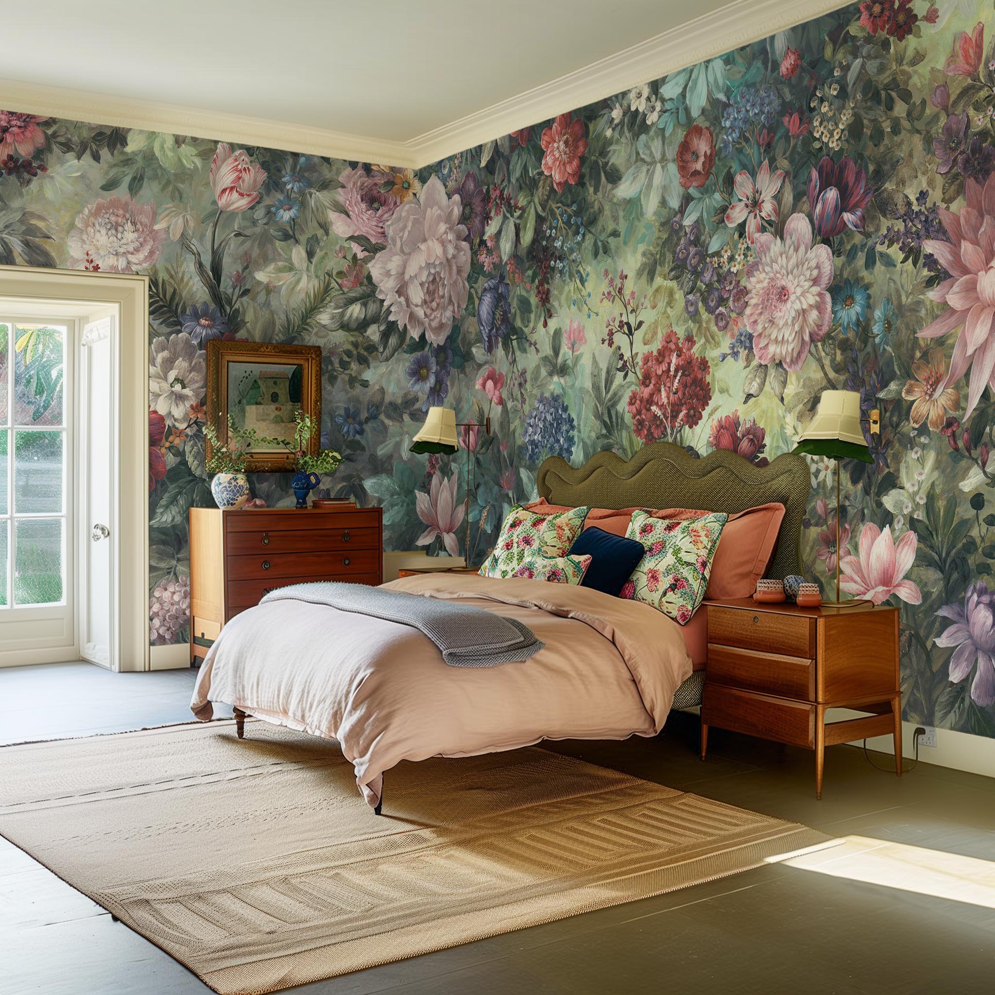 An interior bedroom featuring a panoramic vinyl wallpaper mural of a floral tapestry in rich jewel tones.