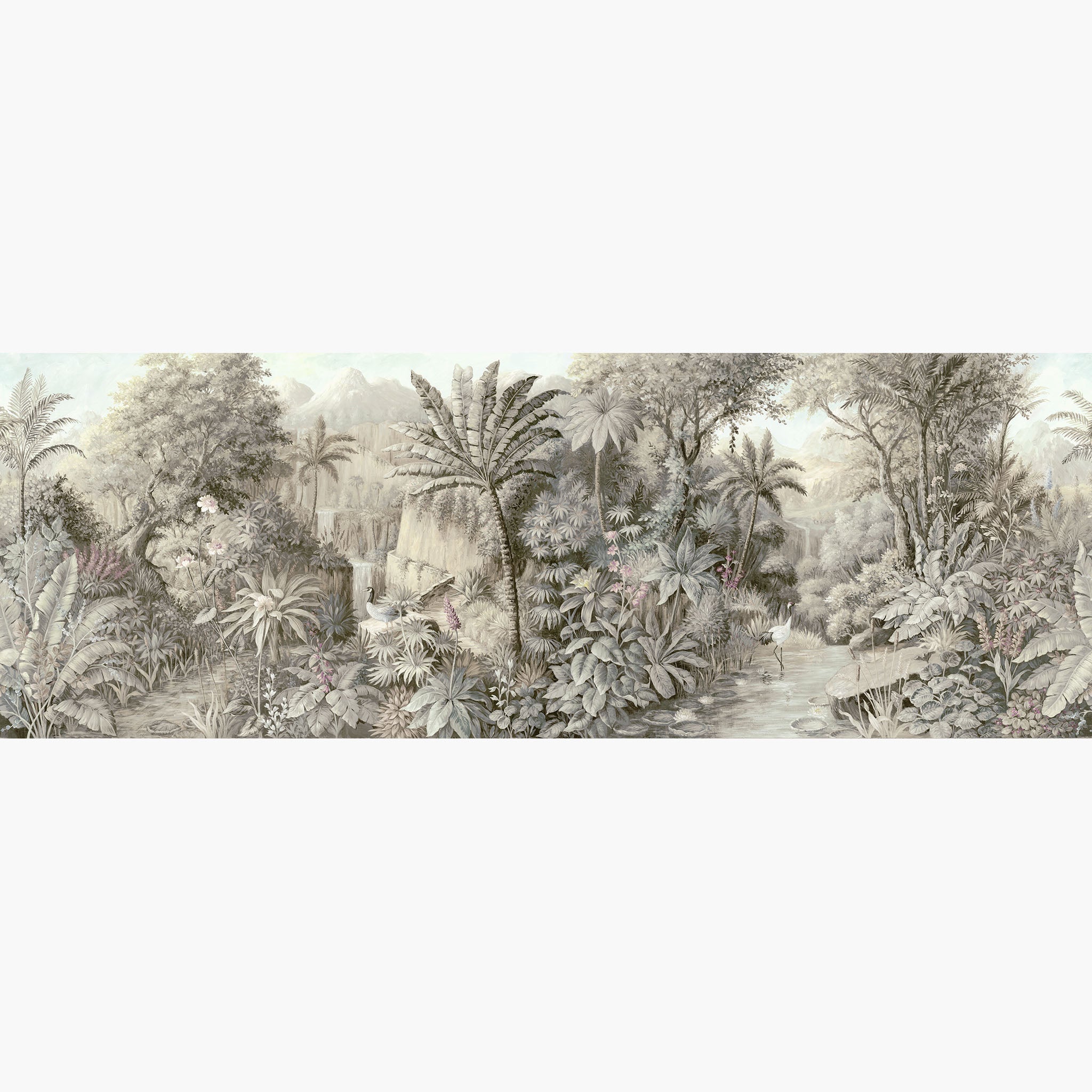 Artwork of a panoramic wallpaper mural featuring a tranquil jungle vista in soft sepia, ash green, and pale blush,