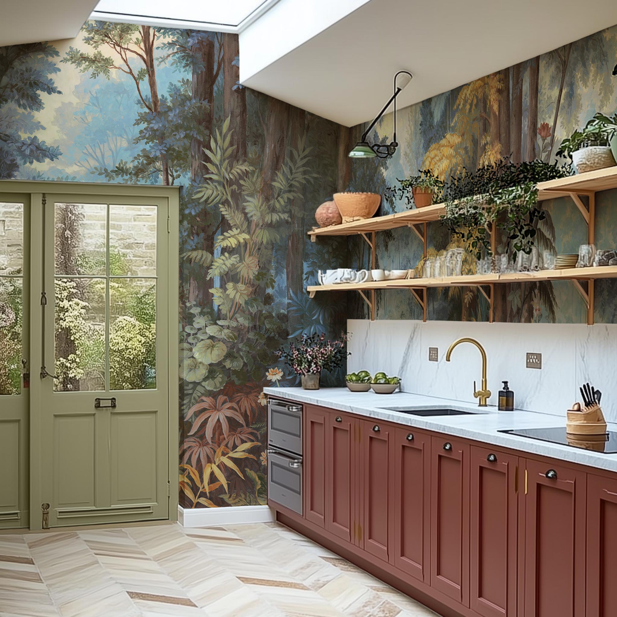A cropped view of kitchen featuring a panoramic vinyl wallpaper mural of an enchanted forest in blue and rust.