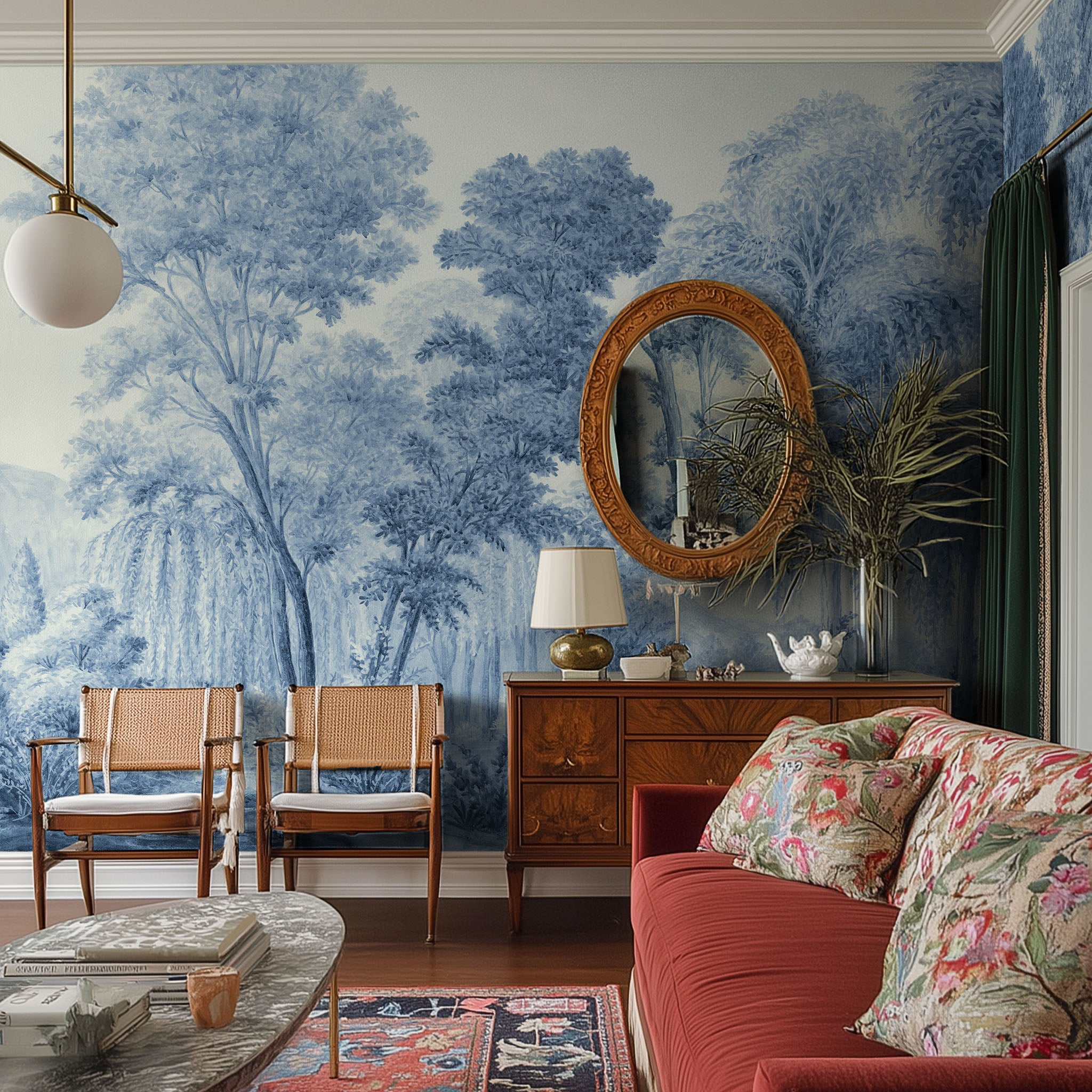 An interiorliving room featuring a panoramic matte wallpaper mural of soft blue woodland