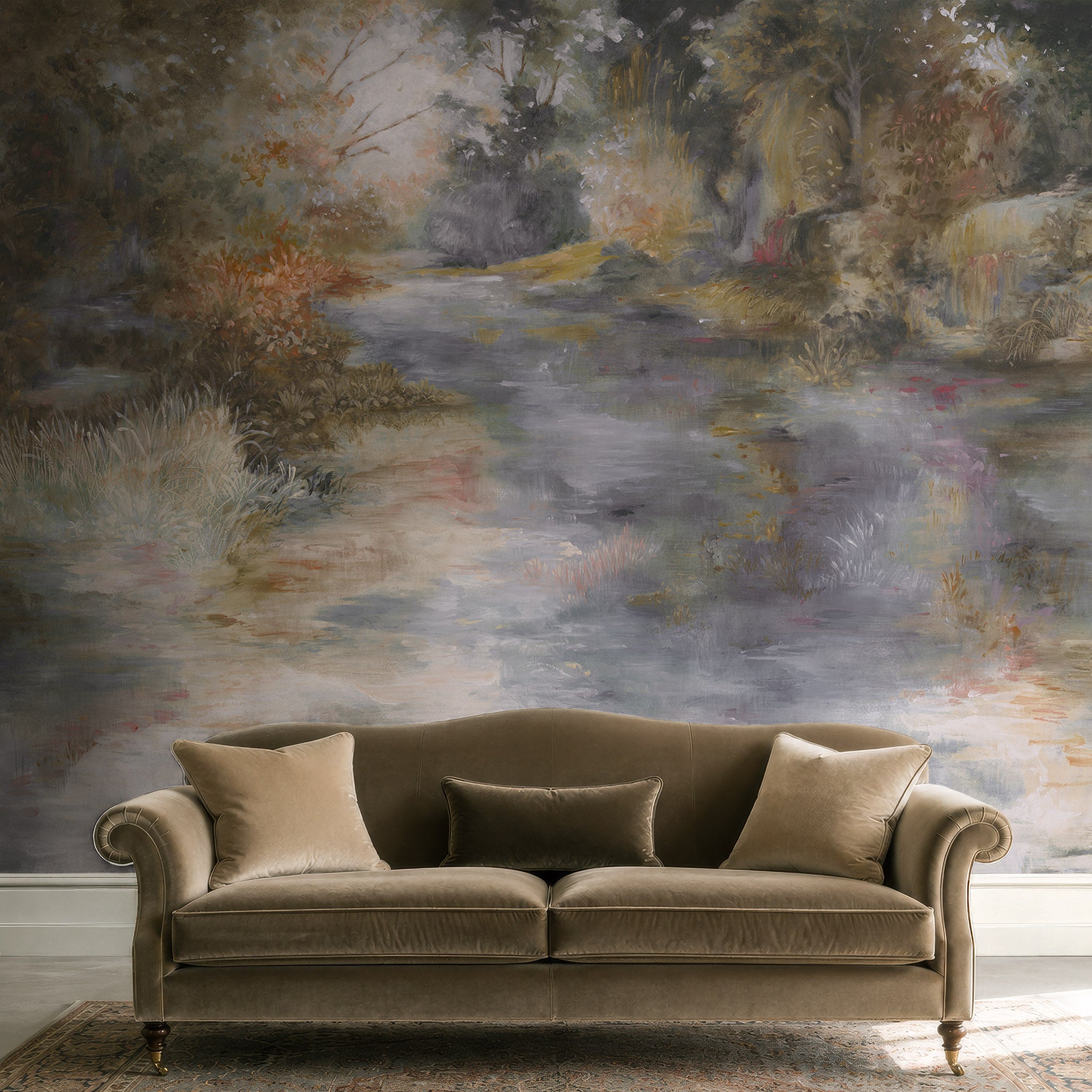 A cropped view of a living room featuring a panoramic pearlescent wallpaper mural of softly shaded panoramic mural.
