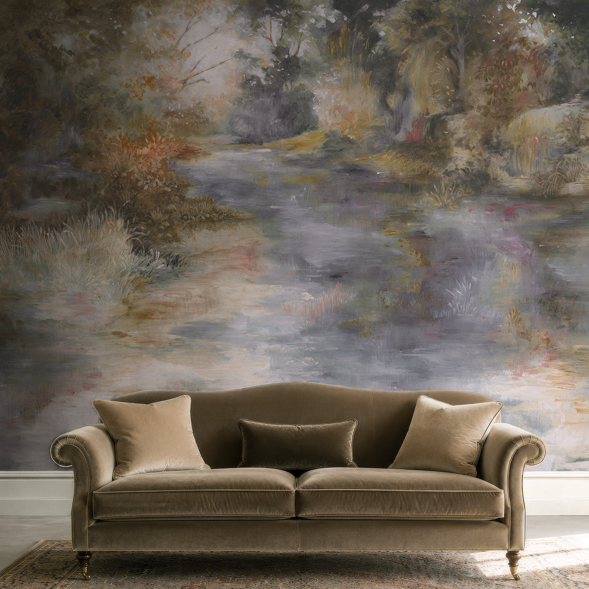 A cropped view of a living room featuring a panoramic pearlescent wallpaper mural of softly shaded panoramic mural.