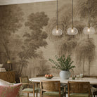 An interior dining room featuring a panoramic grasscloth wallpaper mural of sepia-toned woodland