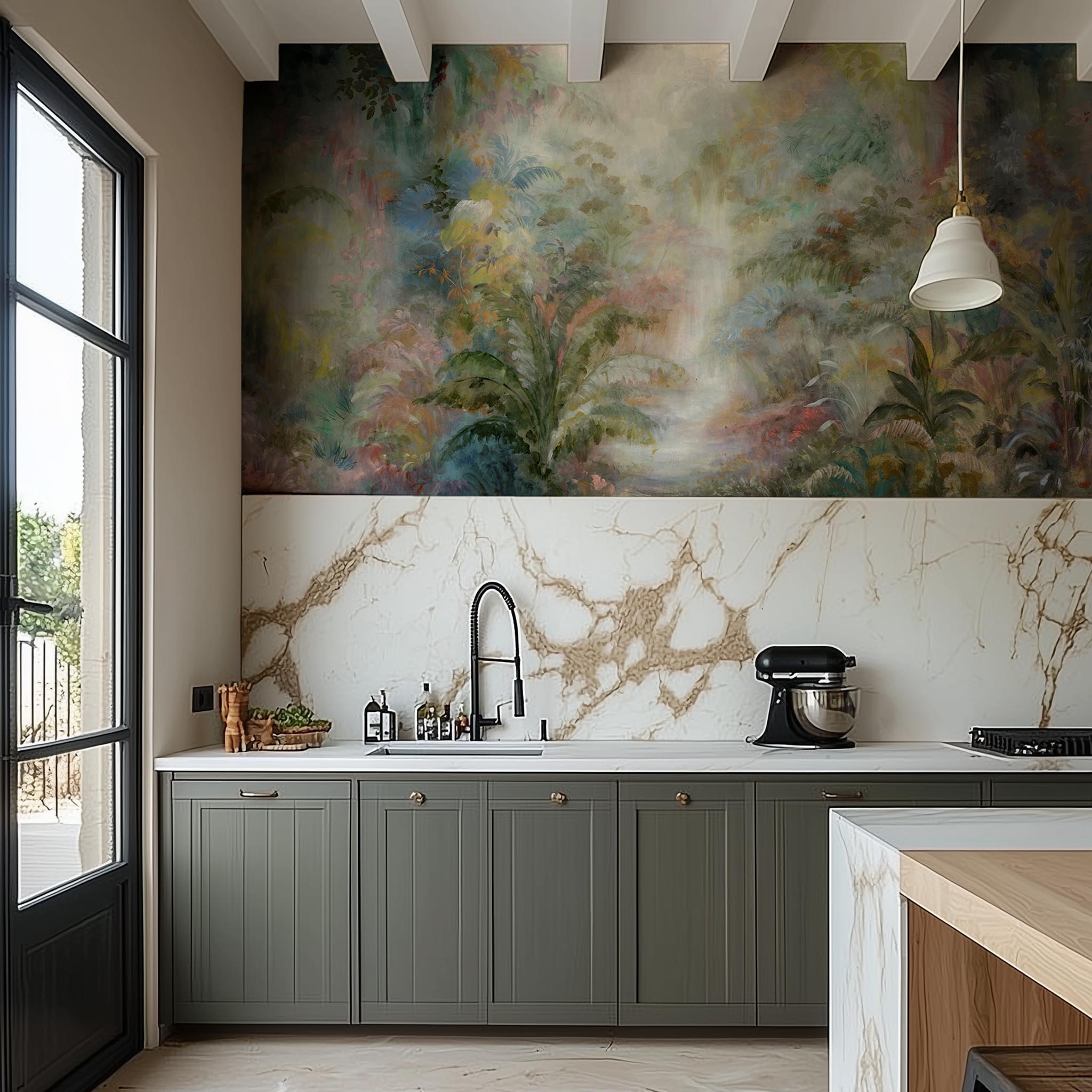 A cropped view of kitchen featuring a panoramic vinyl wallpaper mural of a rainforest in green, coral, and gold.