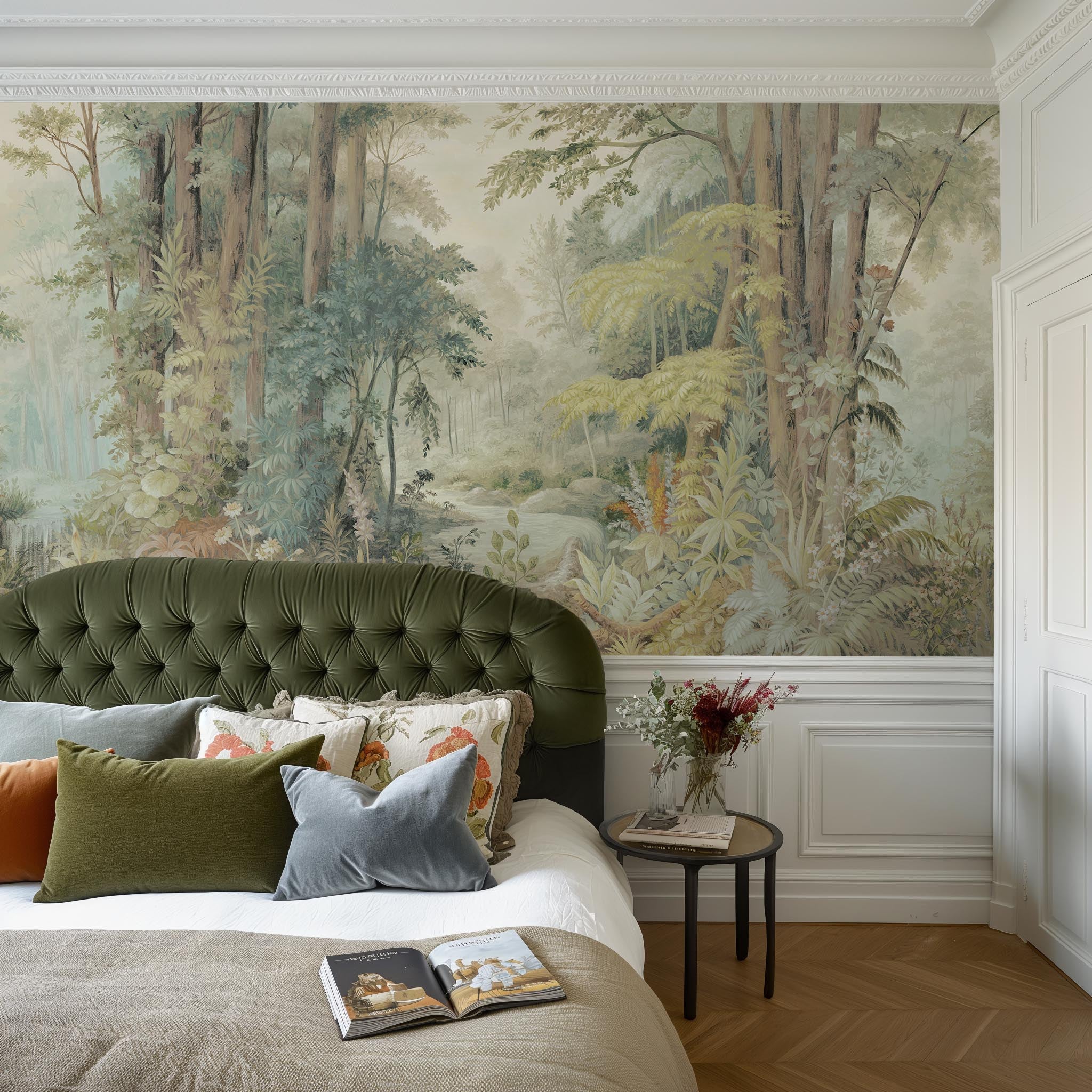 An interior bedroom featuring a panoramic matte wallpaper mural of an airy woodland in sage, yellow, and mist.