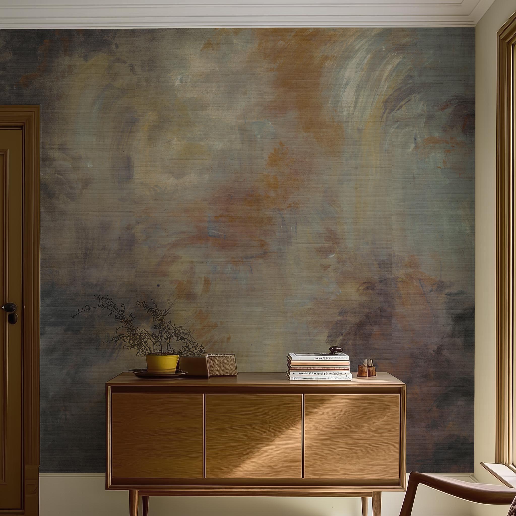 A cropped view of living room featuring a panoramic grasscloth wallpaper mural of an abstract haze in charcoal and ash.