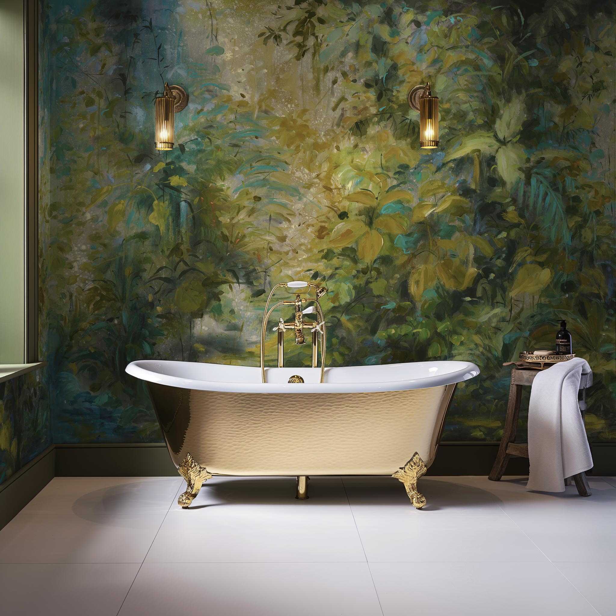 An interior bathroom featuring a panoramic vinyl wallpaper mural of a jungle abstraction in emerald and ochre.