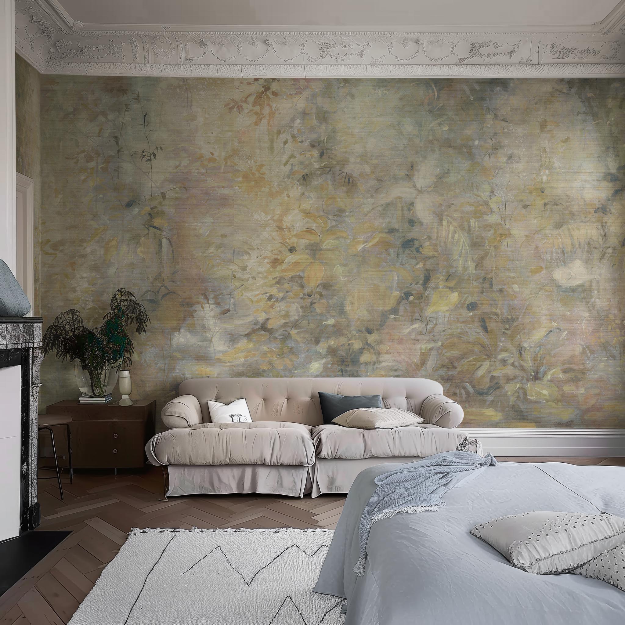 An interior living room featuring a panoramic grasscloth wallpaper mural of an abstract forest in lemon and cream.