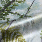 A close up view showing the detail of a pearlescent wallpaper mural which features serene bergamot mural with celadon and sage tones