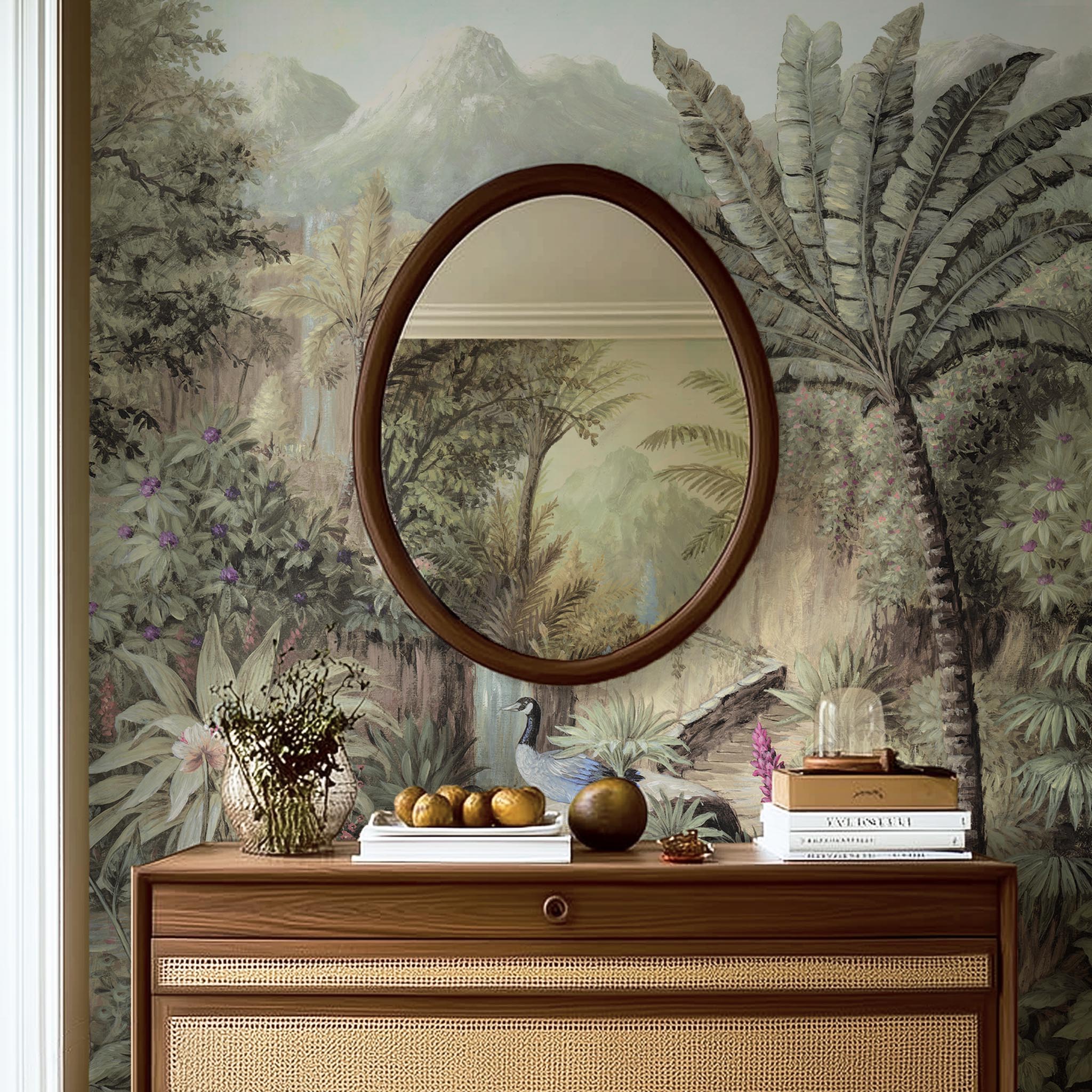 A cropped view of bedroom featuring a panoramic matte wallpaper mural of a tropical paradise in cool greens and blushes.