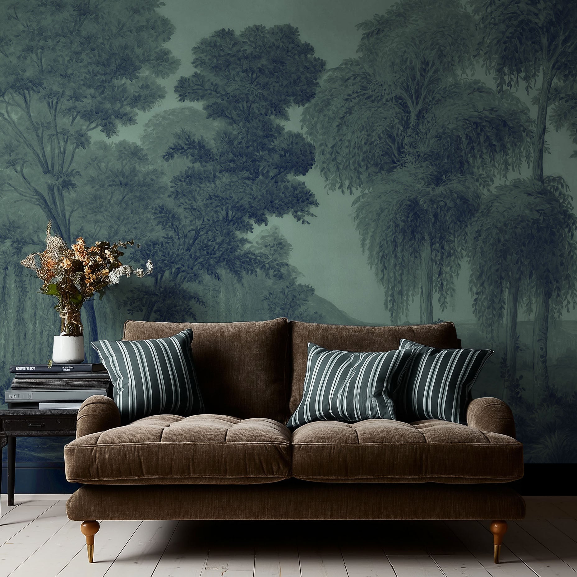 An interiorliving room featuring a panoramic matte wallpaper mural of deep woodland