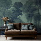 An interiorliving room featuring a panoramic matte wallpaper mural of deep woodland