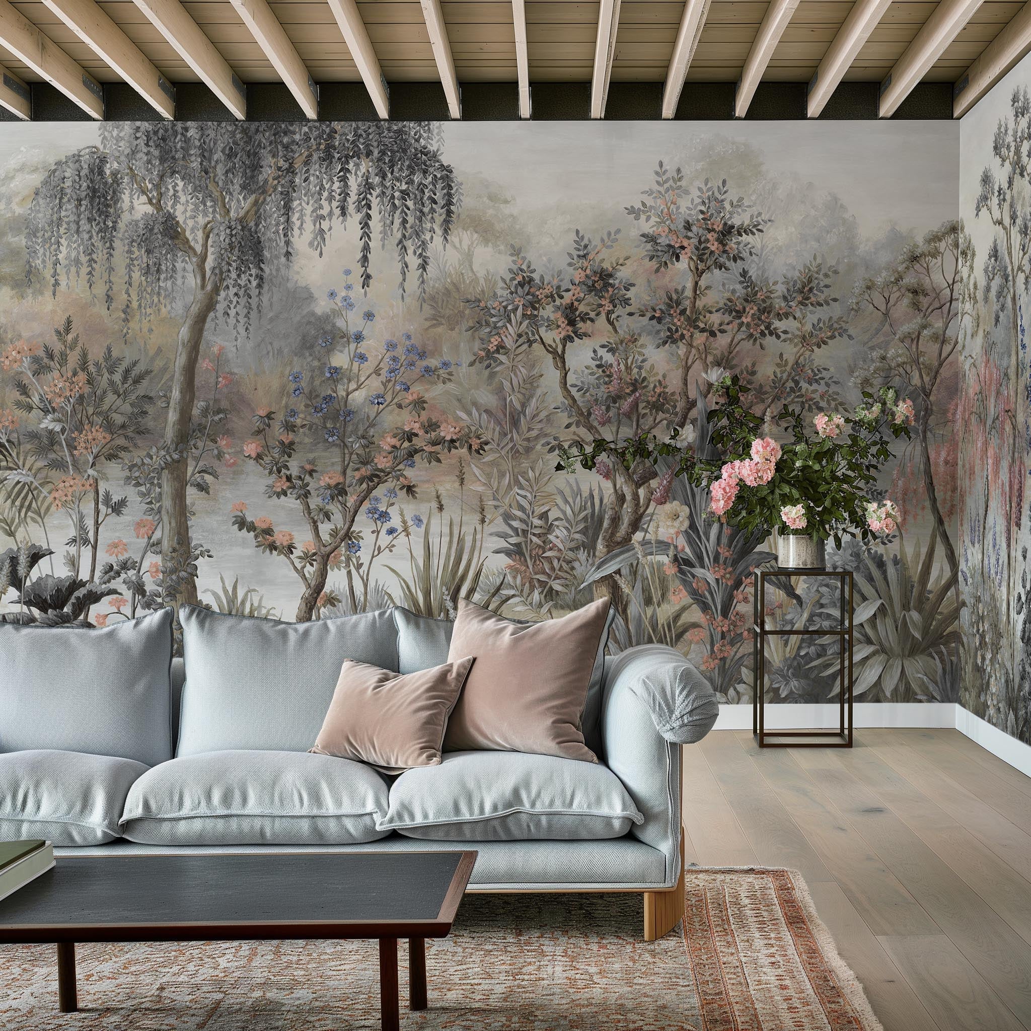 An interior living room featuring a panoramic vinyl wallpaper mural of a lakeside scene in vintage tones.
